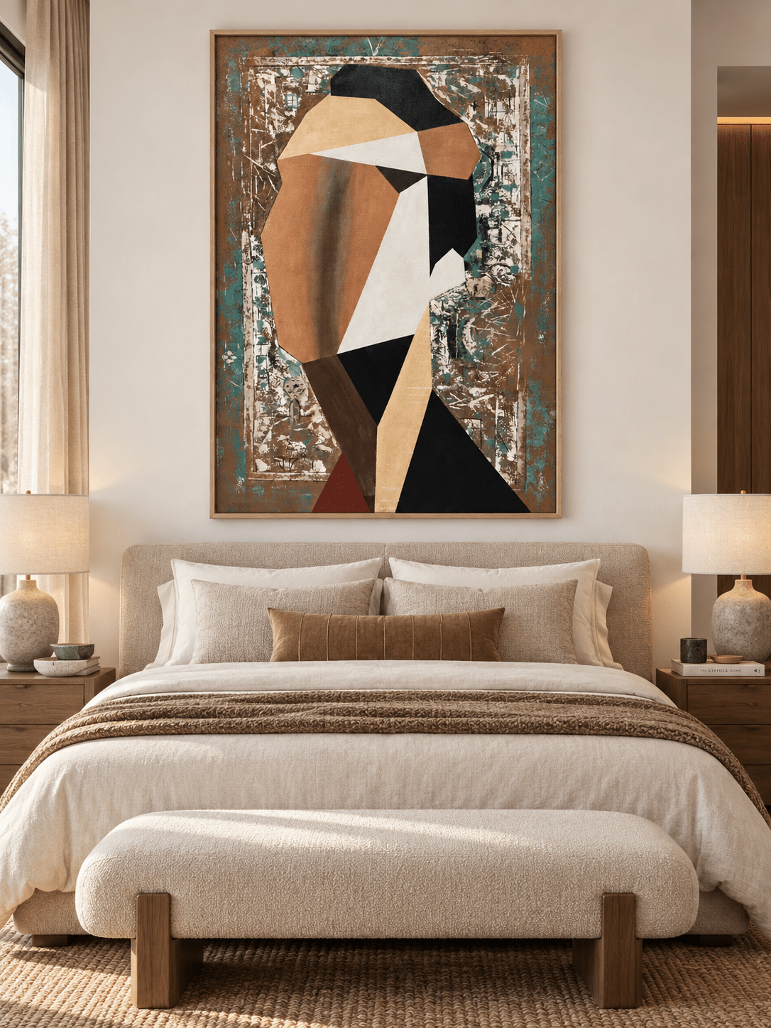 Cubist-inspired female portrait painting in warm earth tones displayed above a bed in a modern bedroom