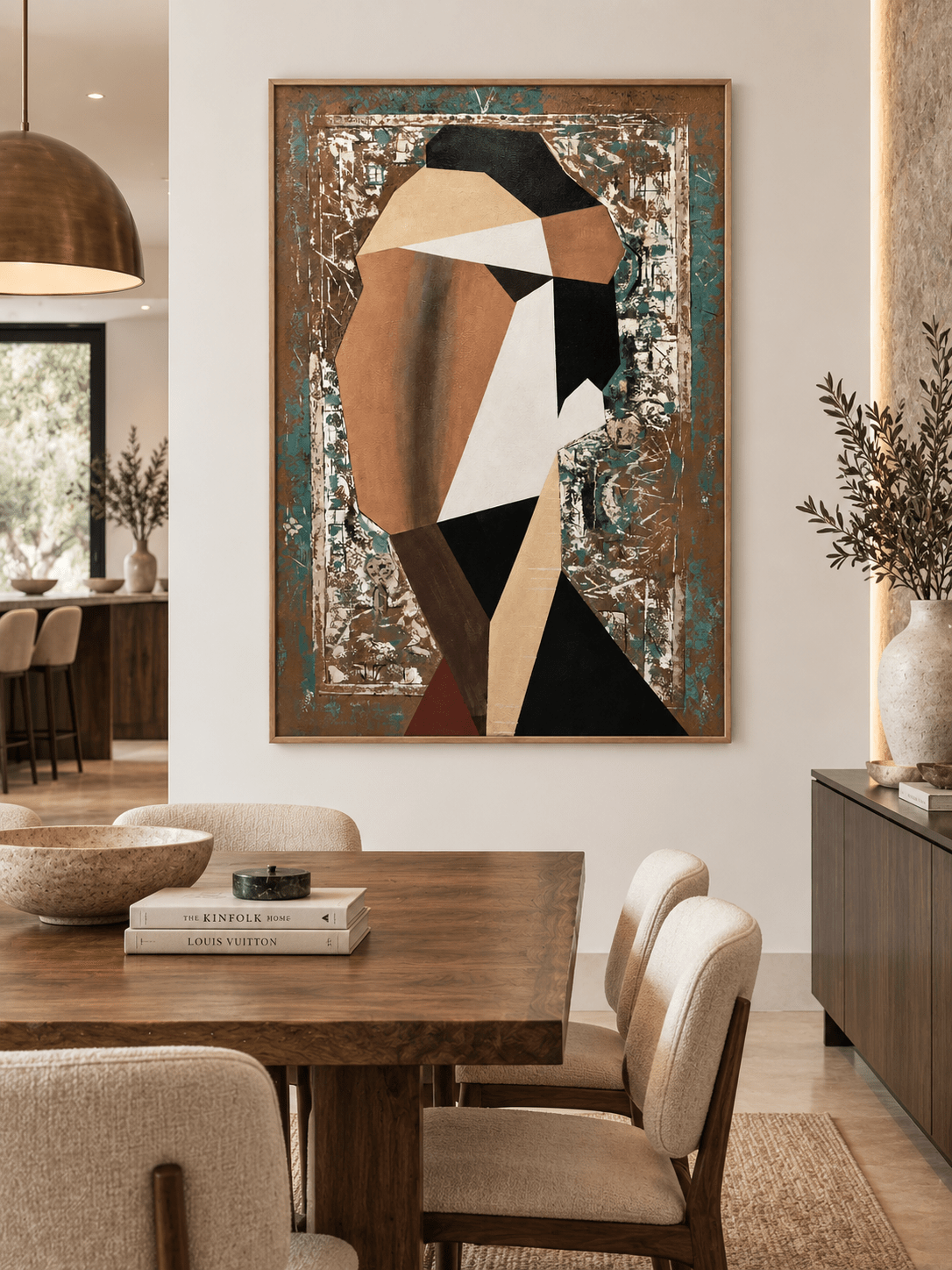 Hand-painted contemporary figurative wall art displayed in a modern open-plan dining room