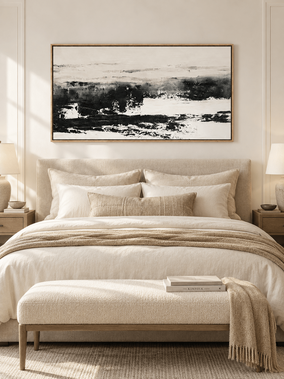 Monochrome abstract landscape painting displayed above a bed in a minimalist neutral bedroom