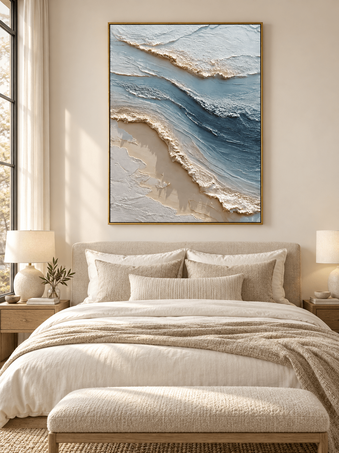 Soft blue breaking wave painting displayed above a bed in a calming contemporary coastal bedroom