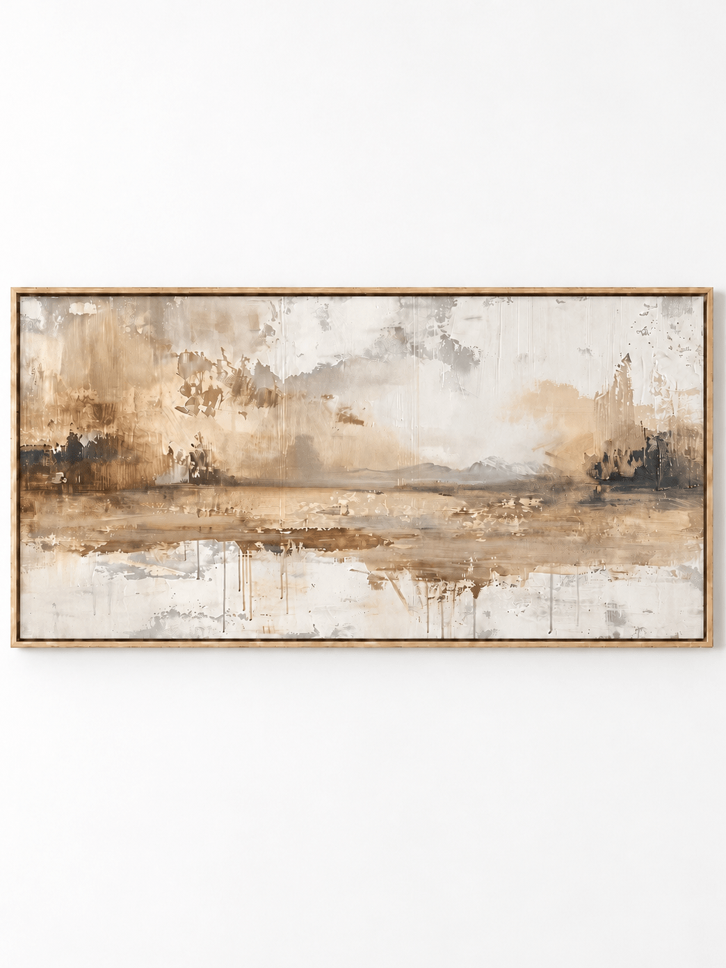 Hand-painted earth tone abstract waterscape painting in ivory, beige and golden brown by Evelyn Li