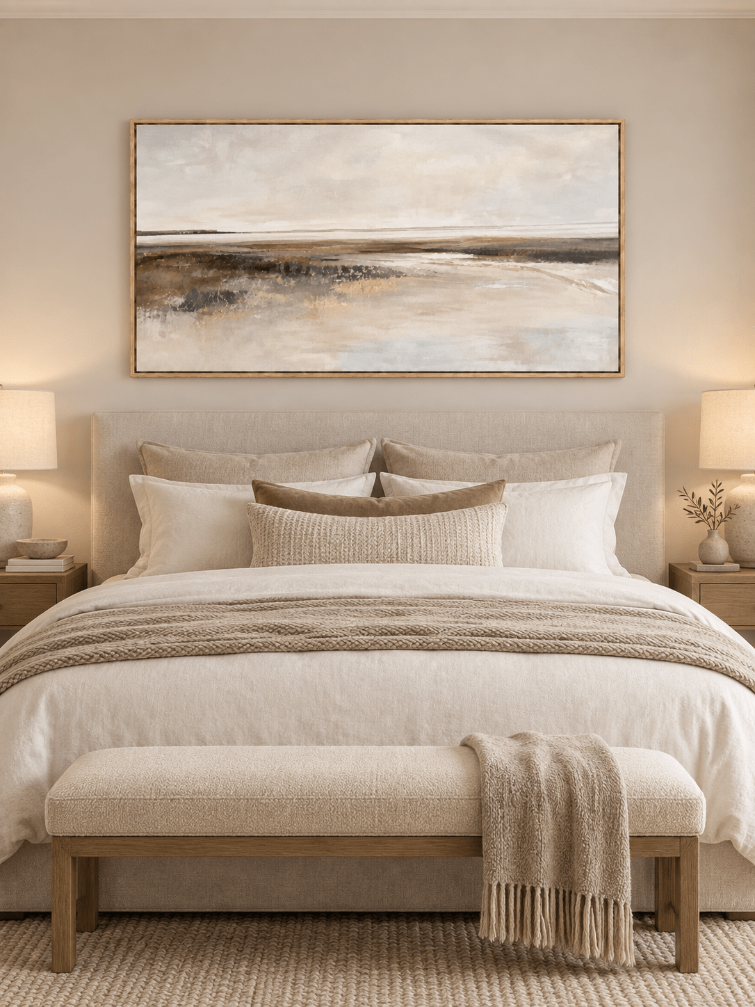 Minimalist beige shoreline painting displayed above a bed in a warm neutral contemporary bedroom
