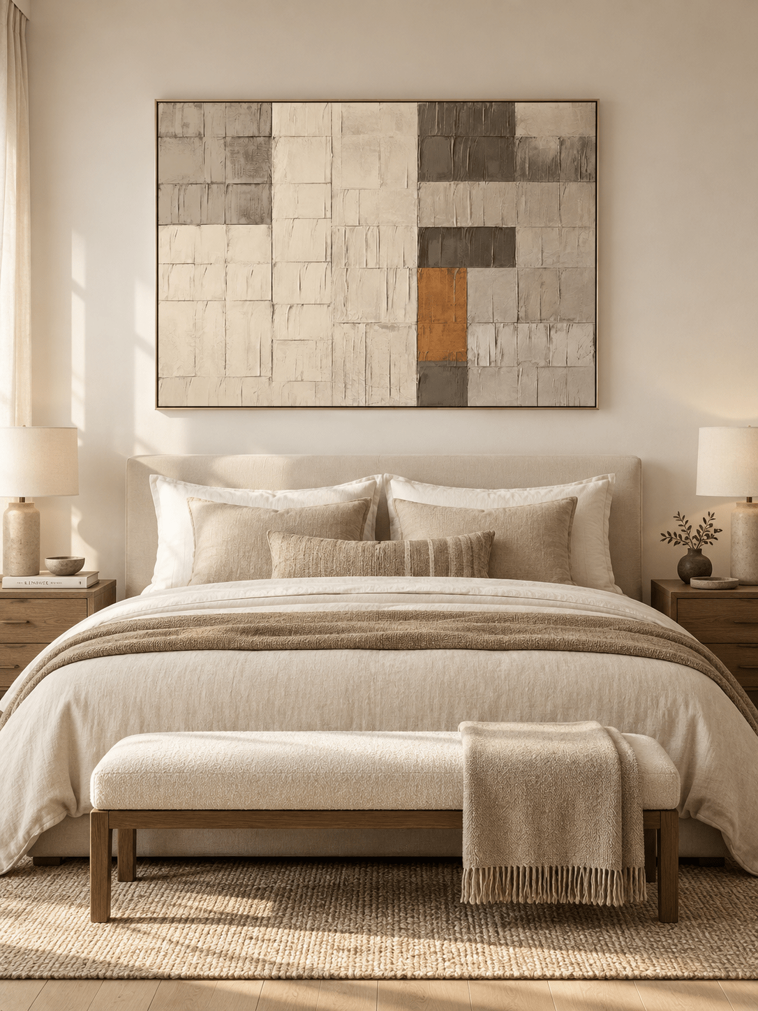 Neutral textured color block painting displayed above a bed in a warm minimalist bedroom
