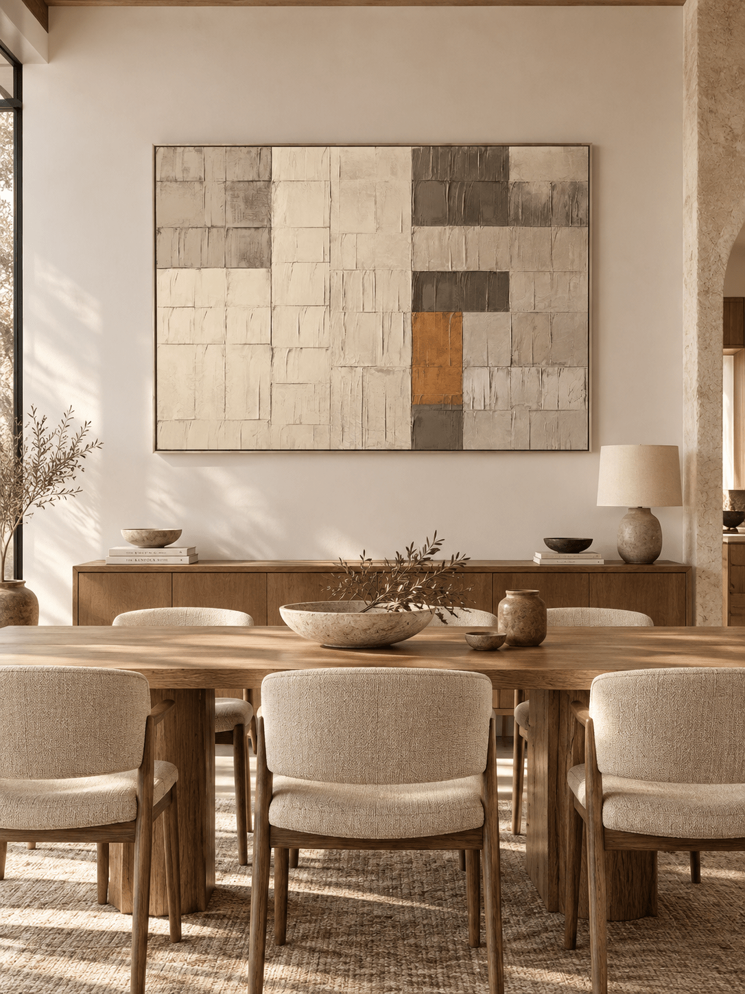 Hand-painted architectural abstract wall art in cream and taupe displayed in an open-plan dining room