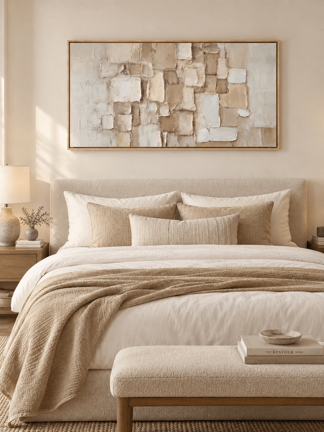Ivory sculptural abstract painting with layered geometric texture displayed above a bed in a minimalist bedroom