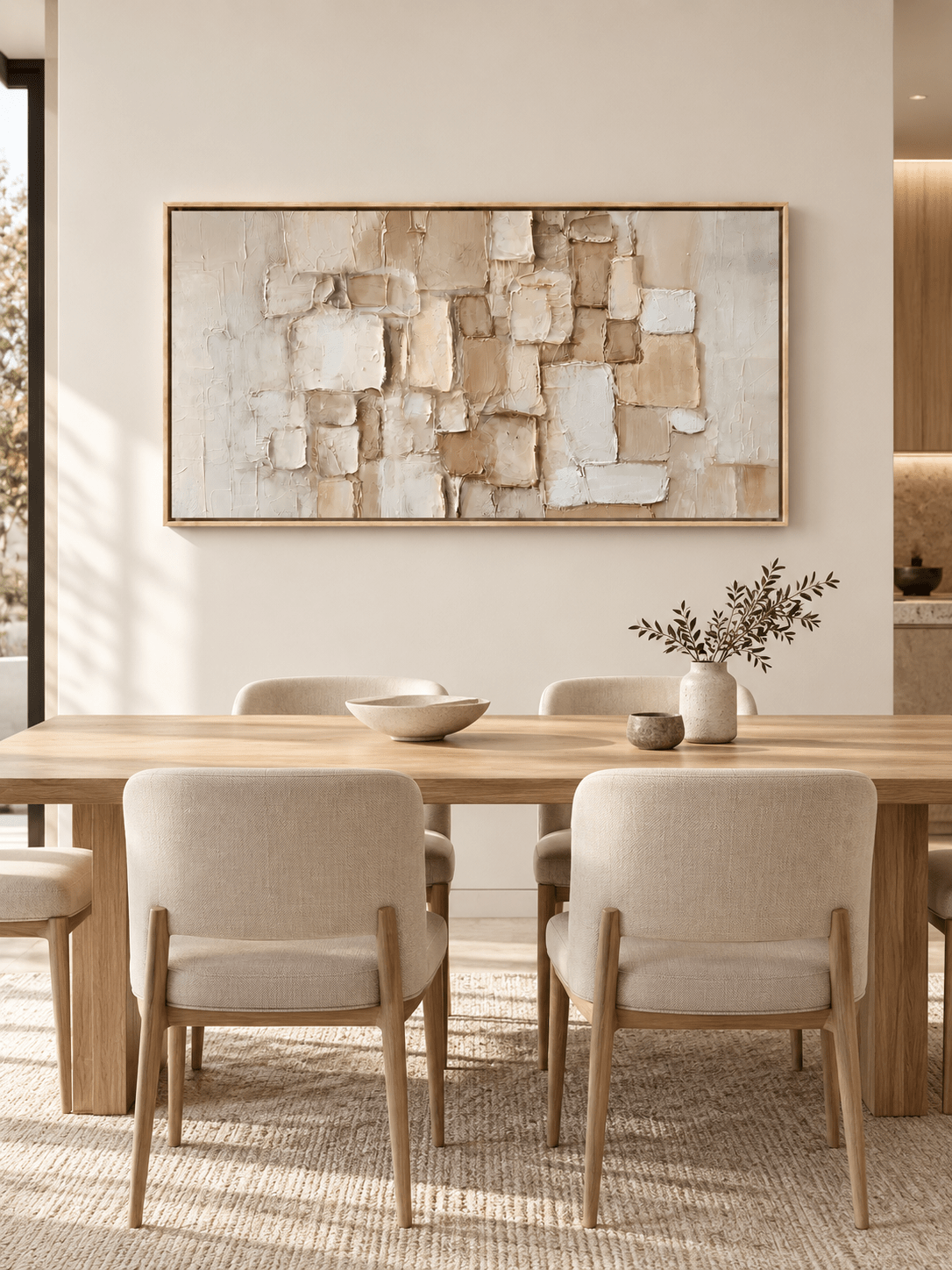 Hand-painted beige textured geometric wall art displayed above a sideboard in a contemporary open-plan dining room