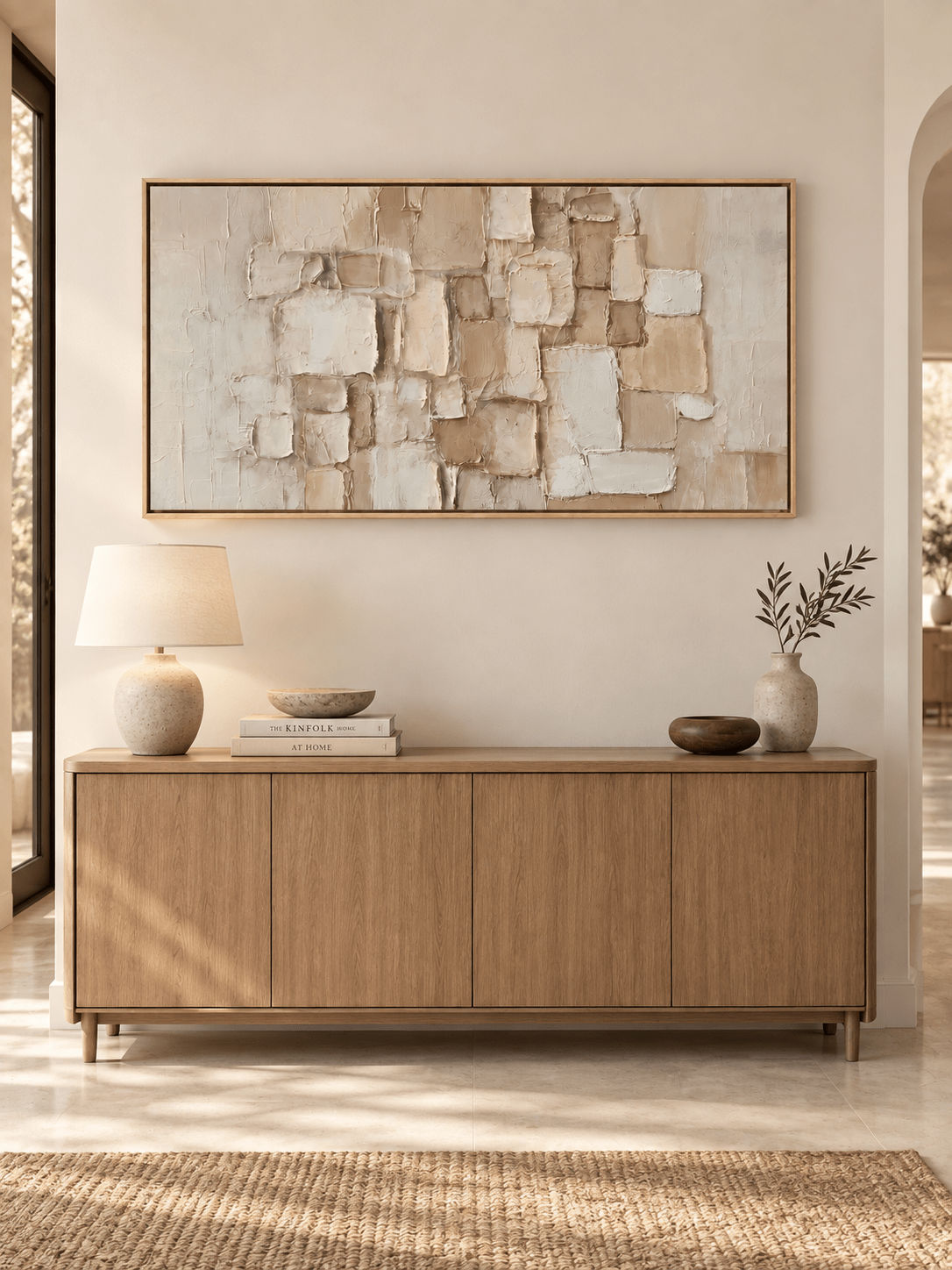 Horizontal neutral textured abstract painting with sculptural mosaic forms displayed above an entryway console