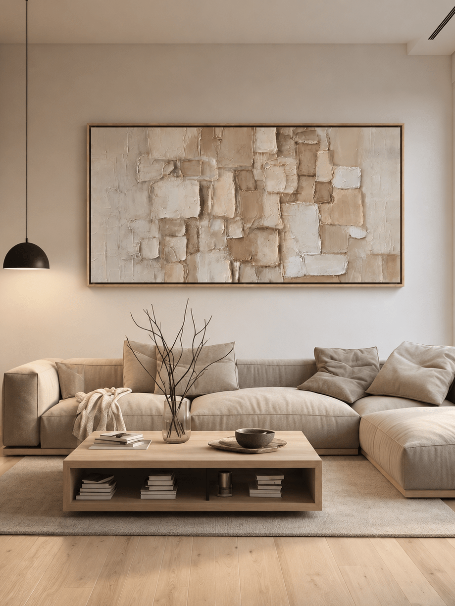 Large neutral textured mosaic wall art displayed above a cream sofa in a modern organic living room