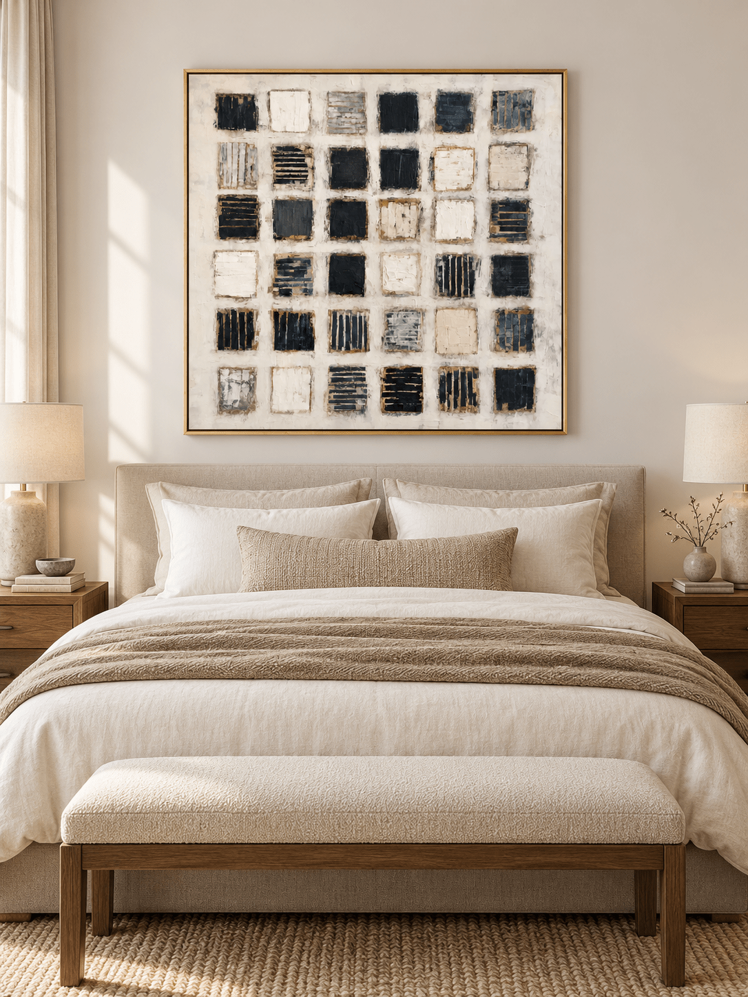 Neutral textured square grid wall art displayed above a bed in a modern minimalist bedroom