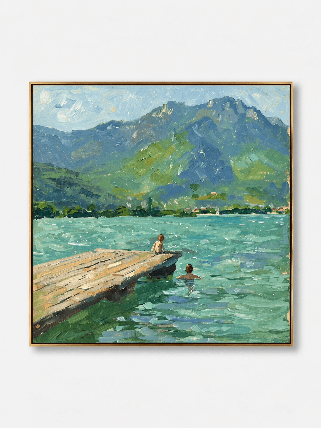 Hand-painted impressionist mountain lake painting with turquoise water, green mountains, wooden dock and two figures by Evelyn Li