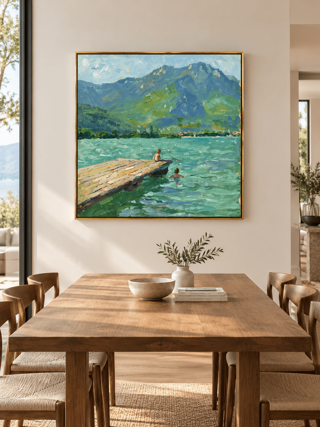 Hand-painted textured mountain lake wall art displayed above a sideboard in a modern open-plan dining room