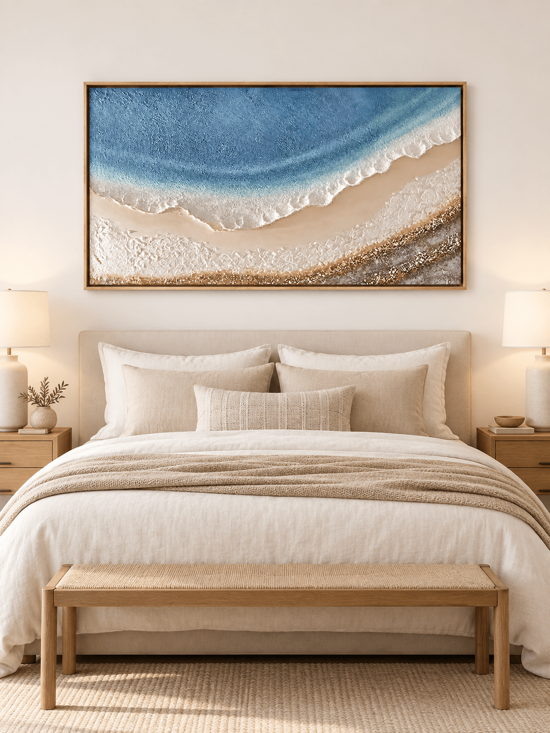 Textured blue and beige coastal seascape displayed above a bed in a warm neutral contemporary bedroom