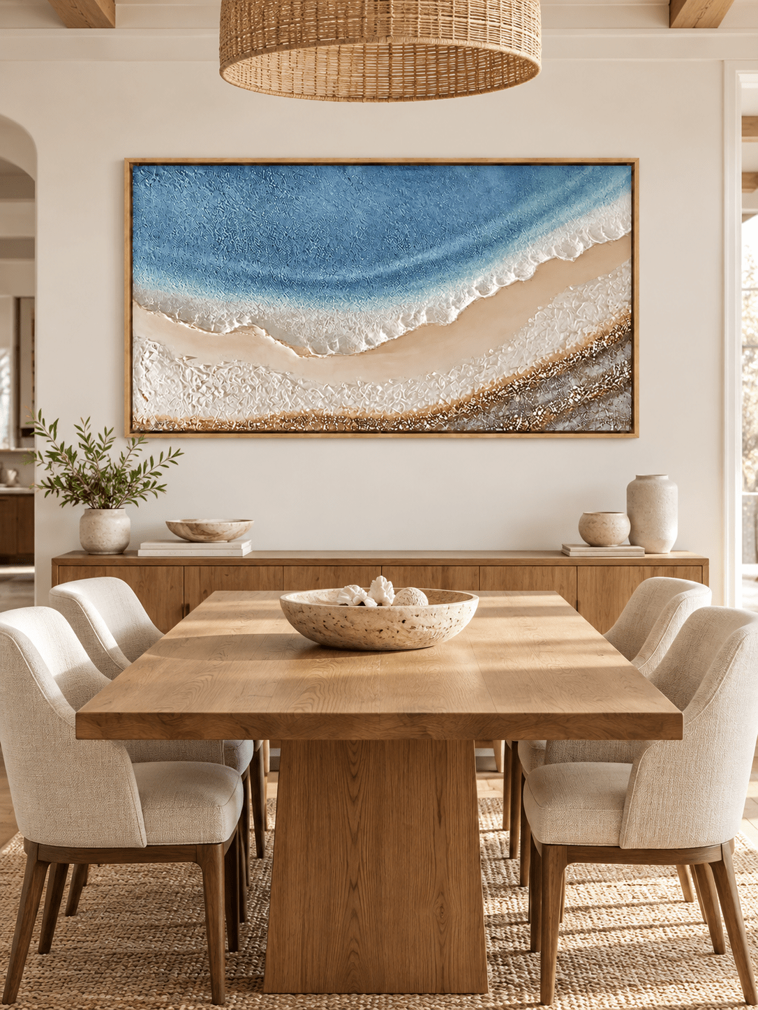 Hand-painted ocean shoreline wall art with white seafoam and sandy beach tones displayed in an open-plan dining room