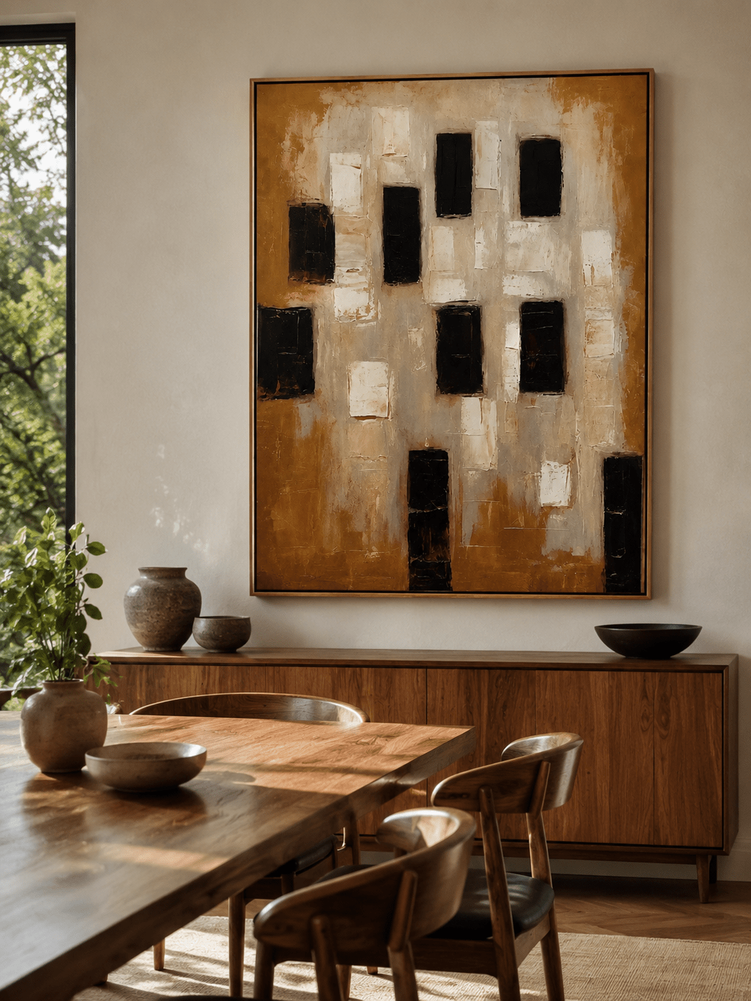 Large ochre and black geometric wall art displayed in an organic modern open dining room