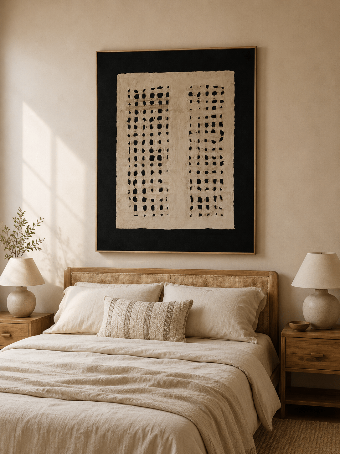 Black and ivory wabi-sabi textured abstract painting displayed in a warm neutral minimalist bedroom