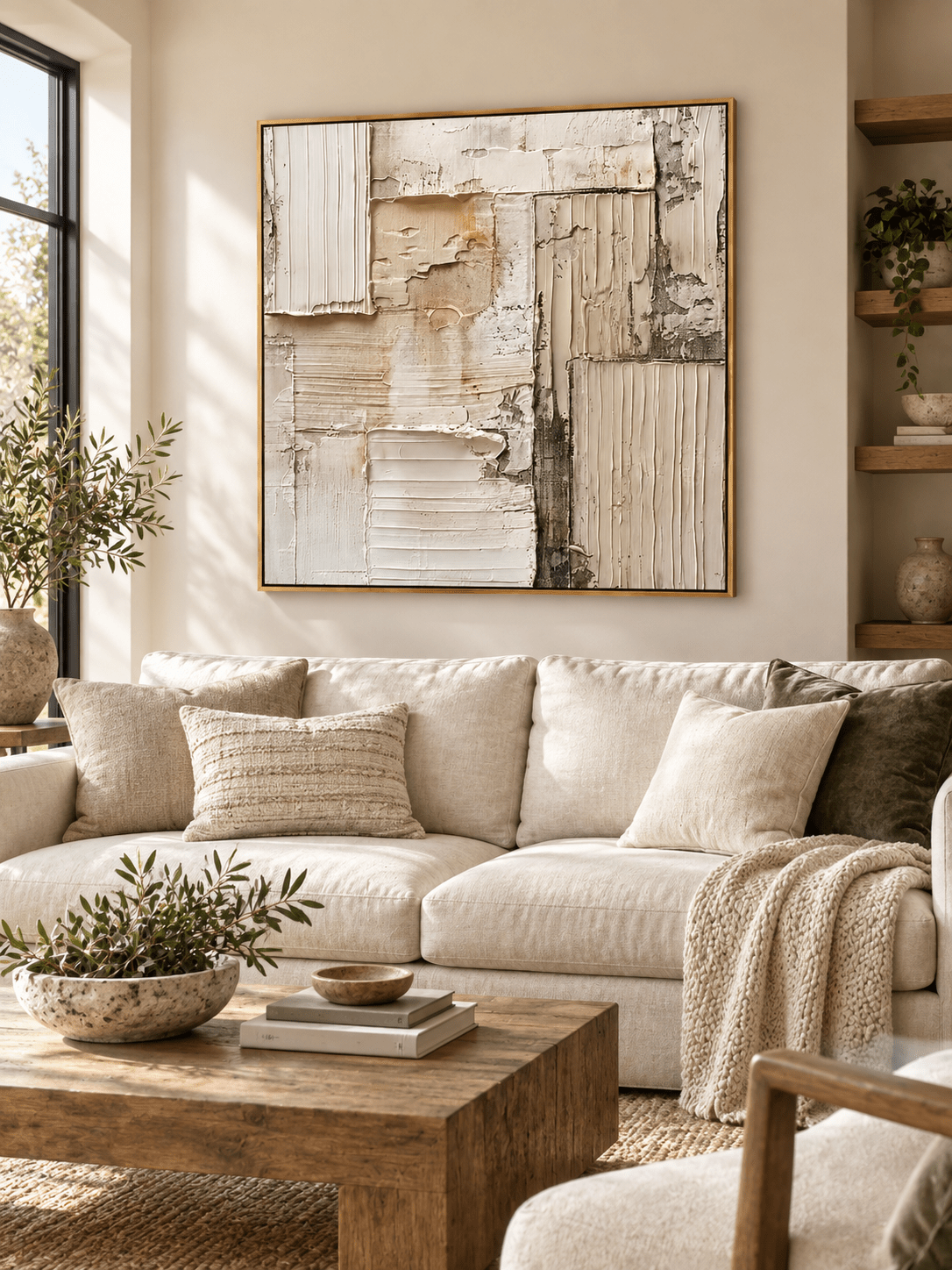 Large neutral textured wall art displayed above a beige sofa in an organic modern living room