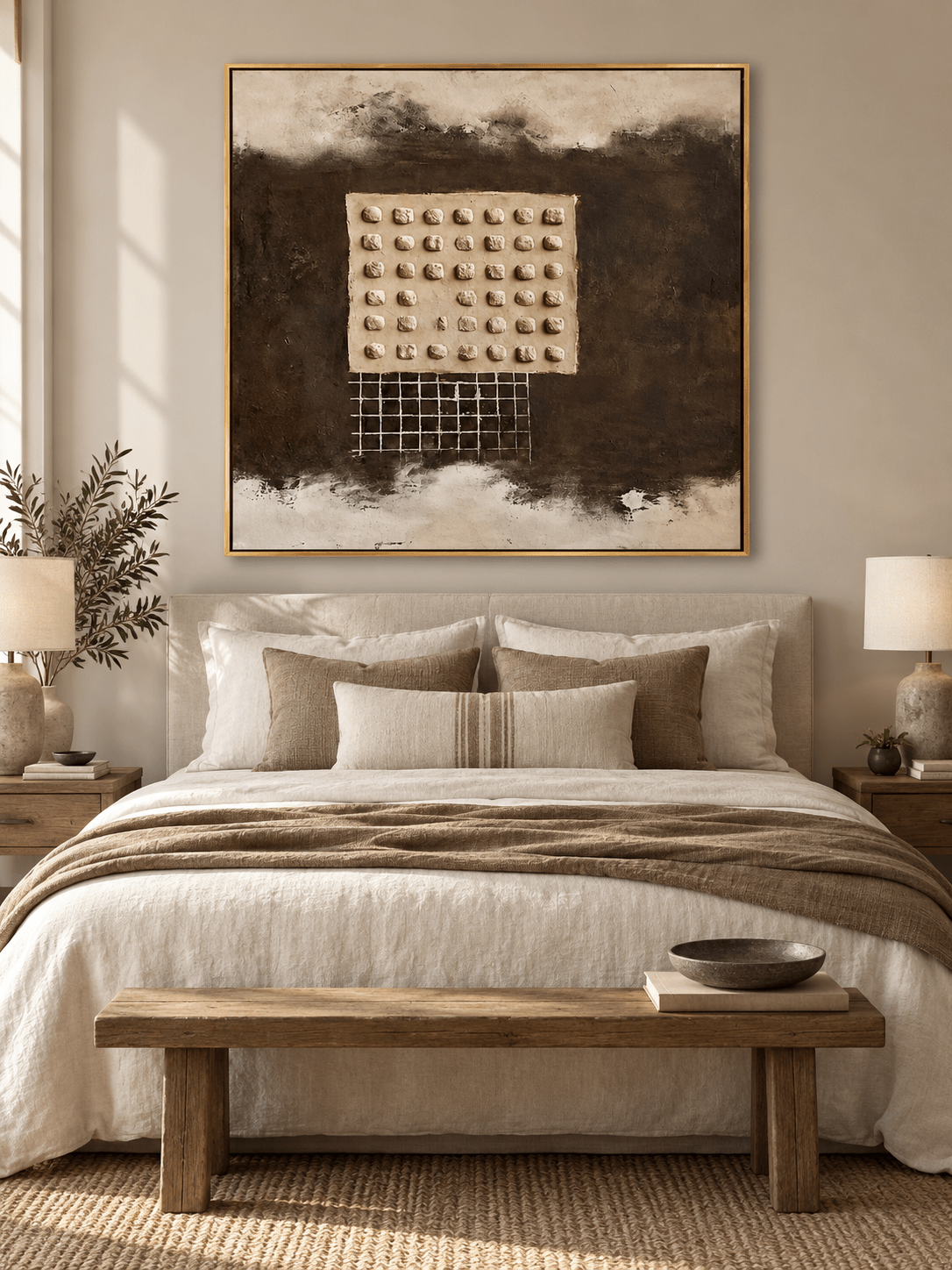 Brown and cream wabi-sabi geometric painting displayed above the bed in a warm neutral bedroom