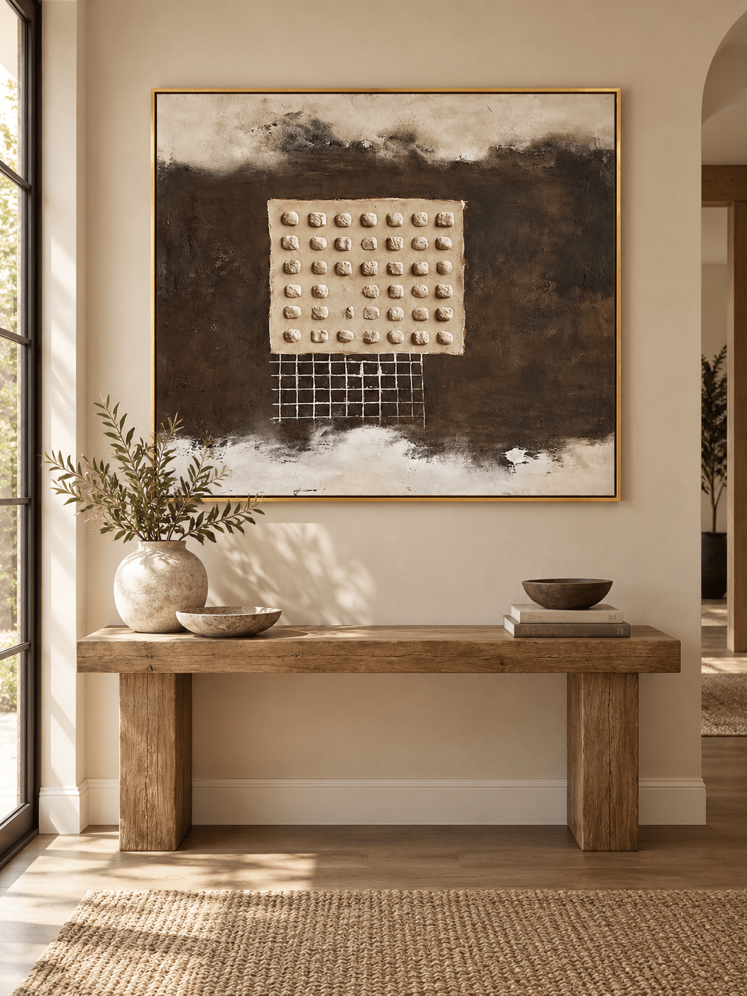 Square dark brown textured abstract wall art displayed above an entryway console in a wabi-sabi interior