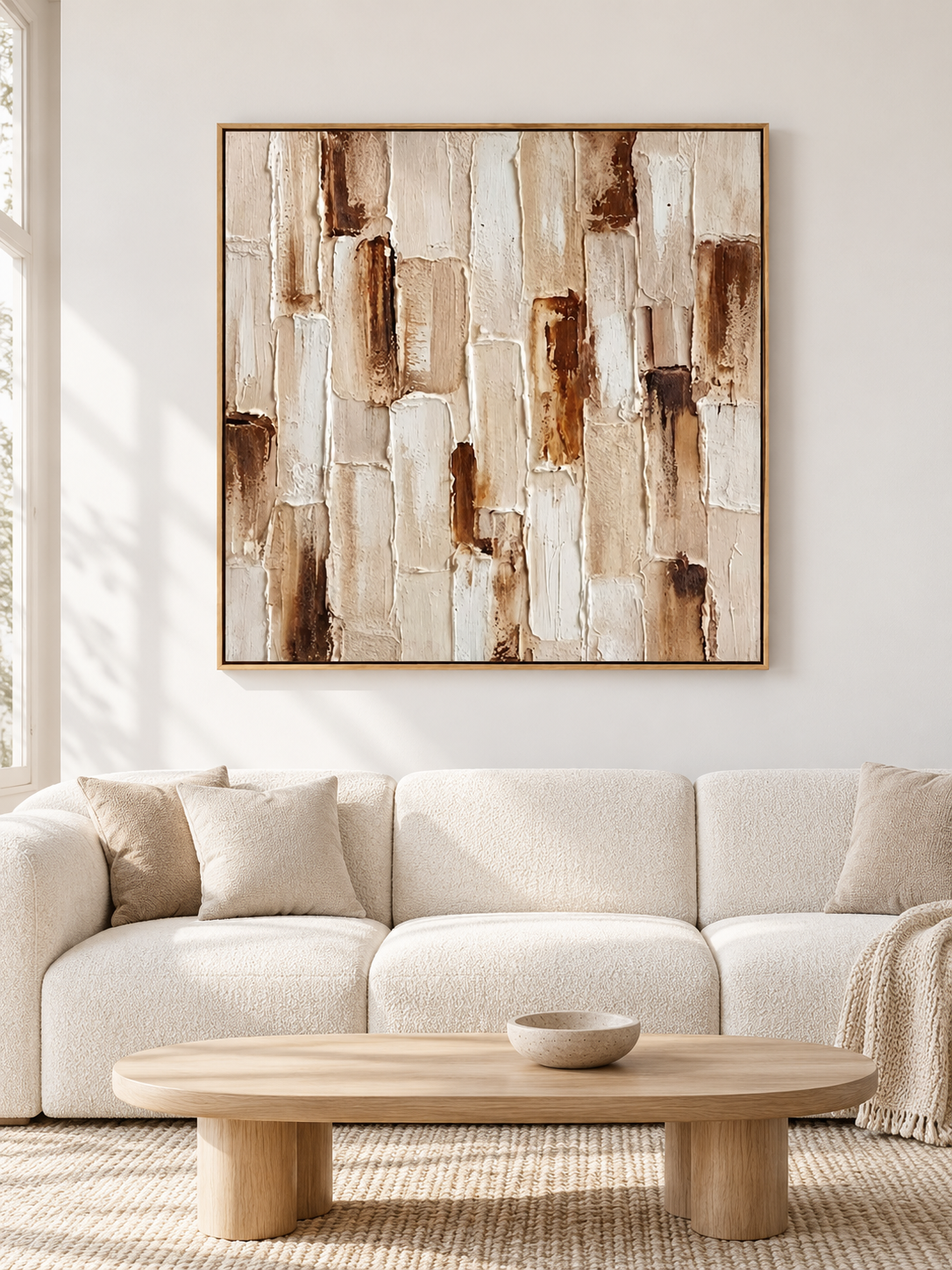 Large beige and brown textured wall art displayed above a cream sofa in an organic modern living room