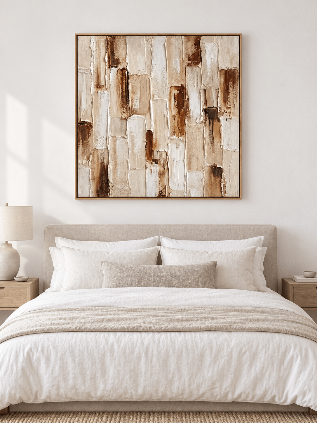 Ivory beige and cognac textured abstract painting displayed above the bed in a warm neutral bedroom