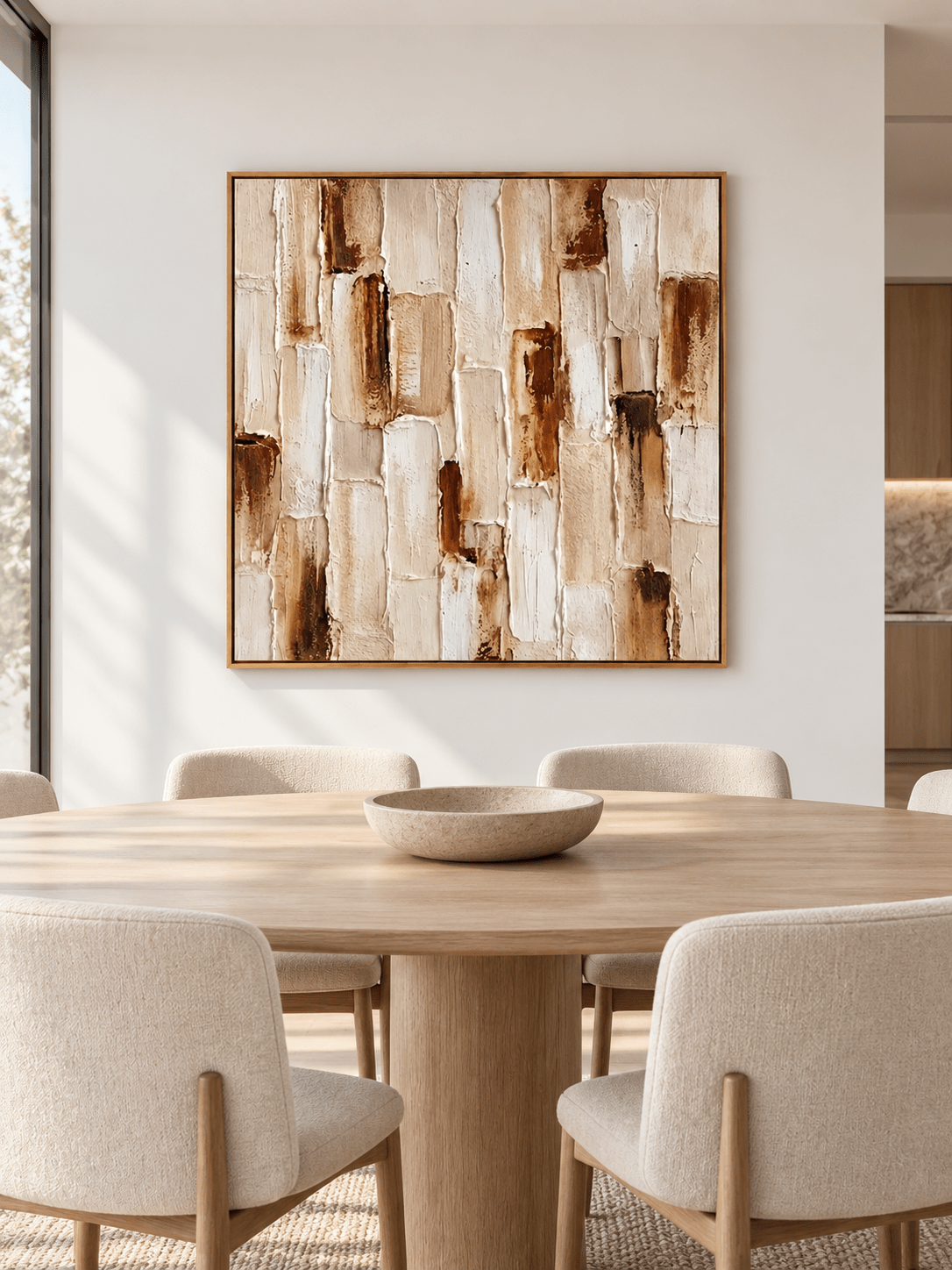 Large earth tone textured geometric wall art displayed in an open dining room with walnut and stone furniture