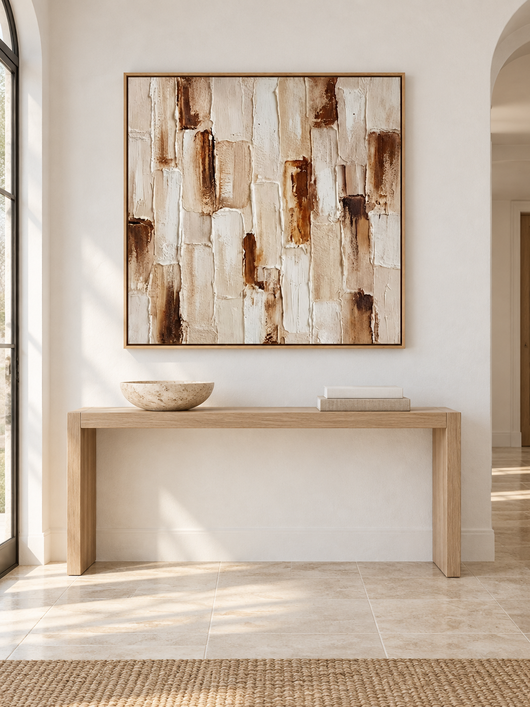 Square beige and brown wabi-sabi wall art displayed above an entryway console in a neutral modern interior