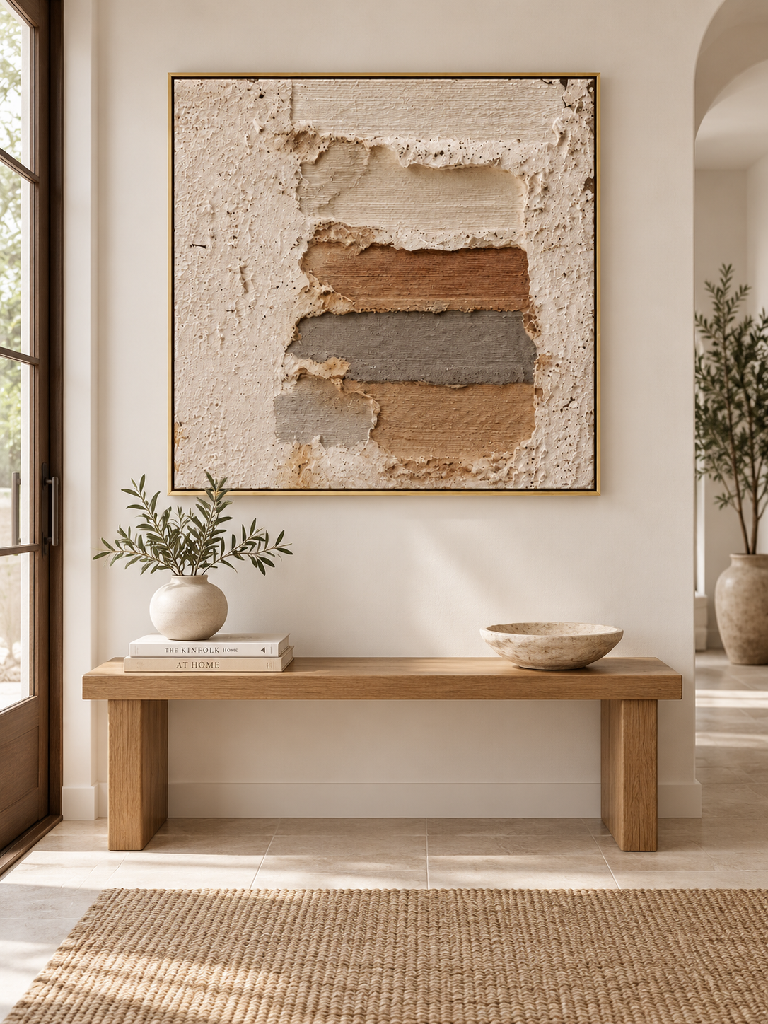 Square neutral earth tone textured wall art displayed above an entryway console in a Japandi-inspired interior