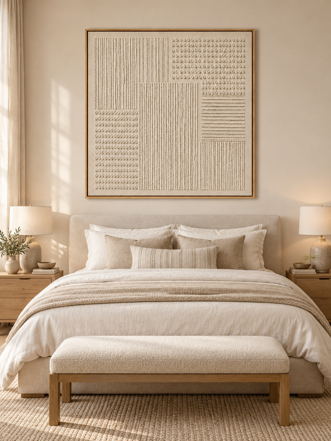 Cream wabi-sabi minimalist relief wall art displayed above the bed in a warm neutral bedroom