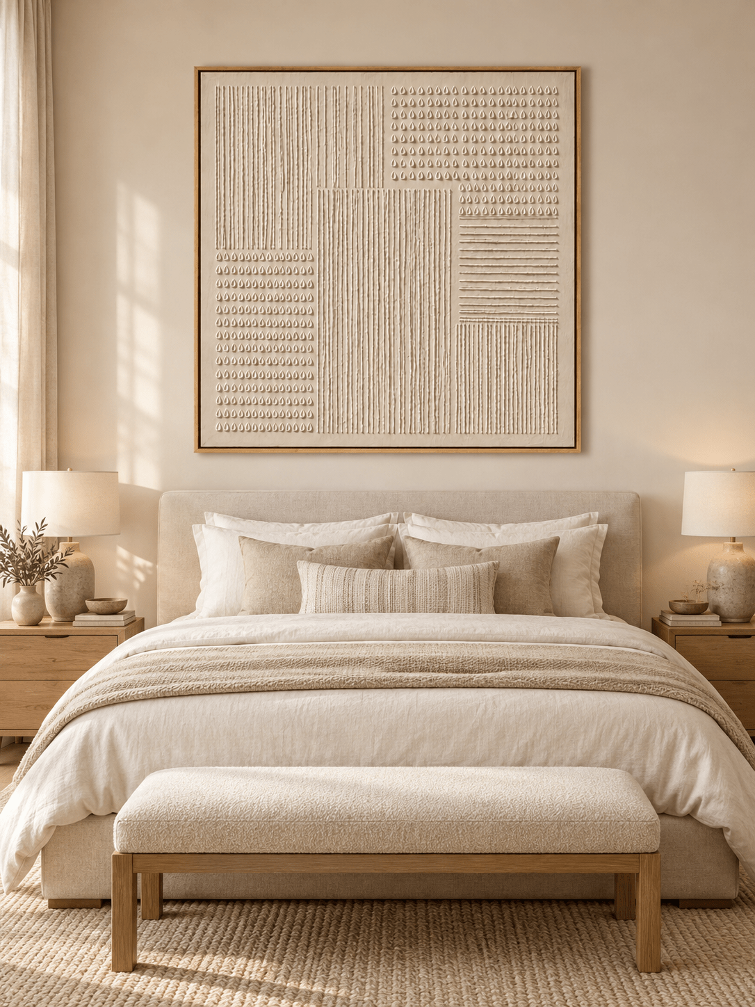 Cream wabi-sabi minimalist relief wall art displayed above the bed in a warm neutral bedroom
