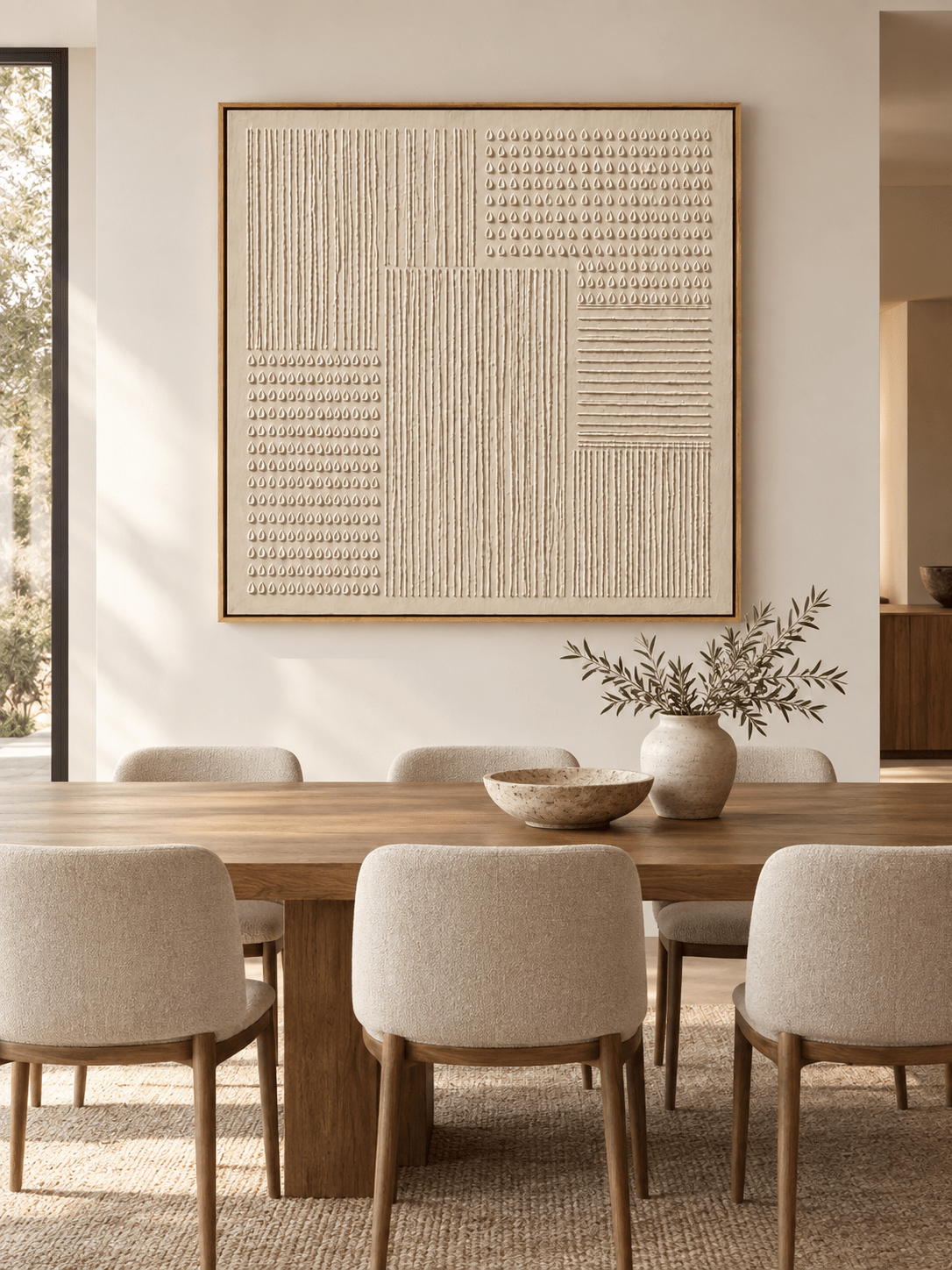 Large neutral geometric relief wall art displayed in an organic modern open dining room with natural wood furniture
