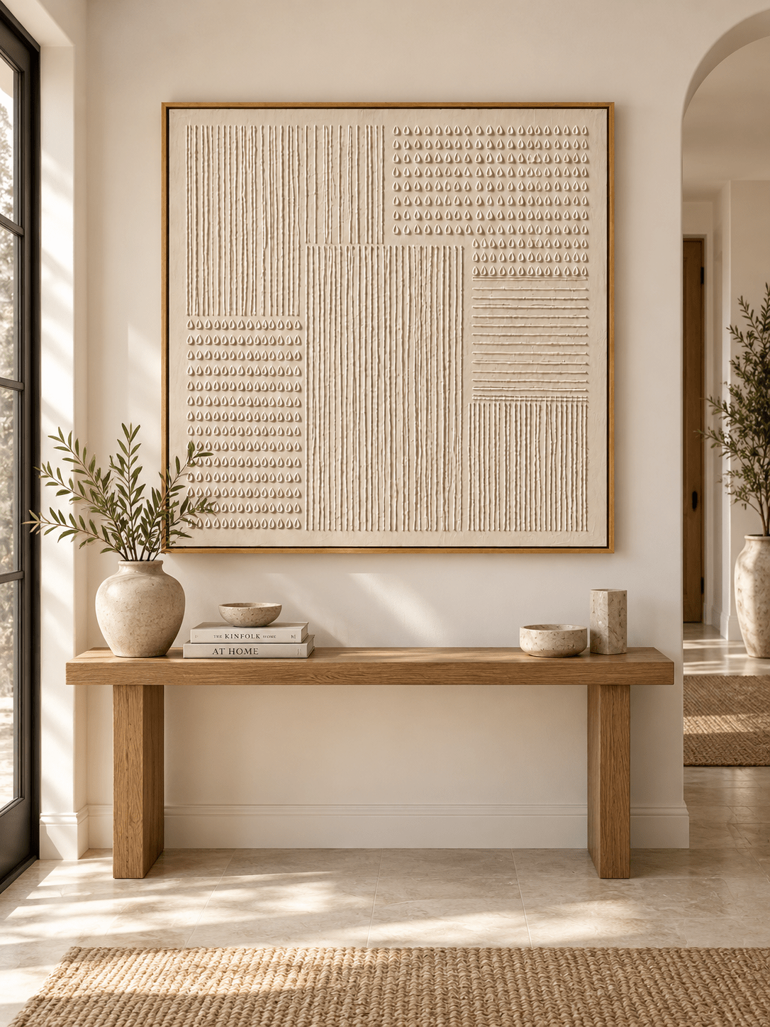 Square ivory textured wall art displayed above an entryway console in a minimalist Japandi interior