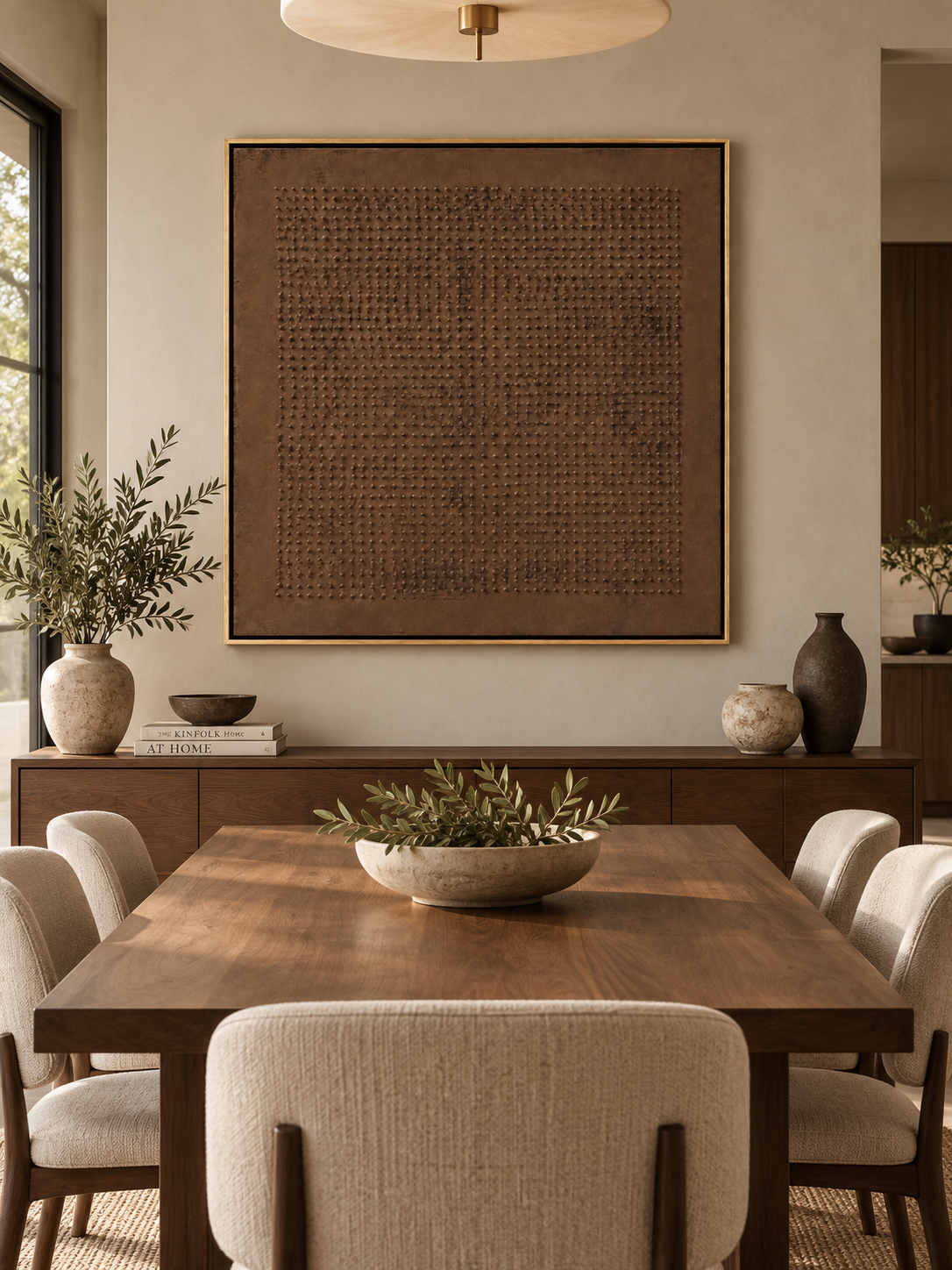 Large earth tone textured abstract wall art displayed in an open dining room with walnut and stone furniture