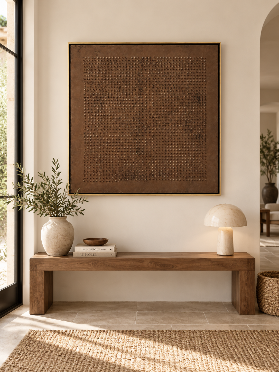 Square brown textured wall art displayed above an entryway console in a minimalist wabi-sabi interior