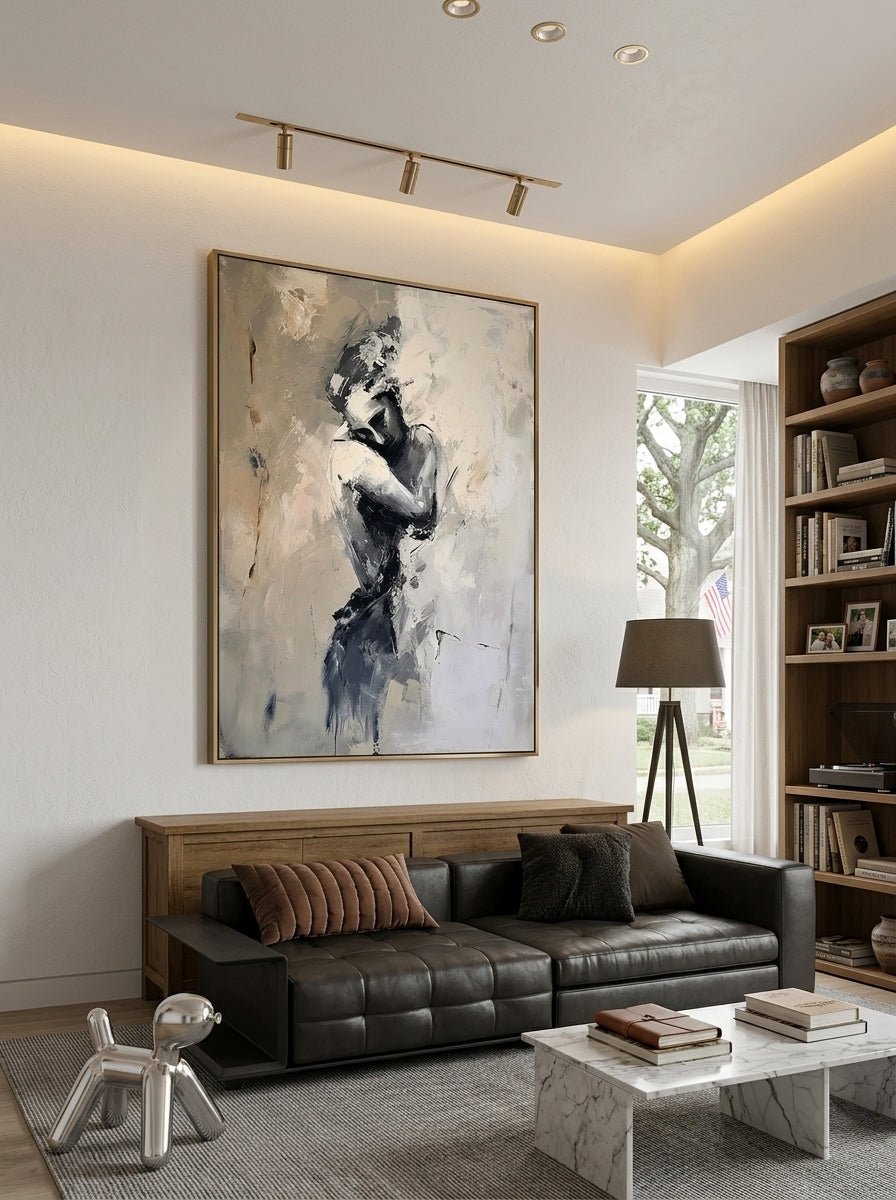 Hand-painted abstract figurative canvas painting featuring a solitary female figure in neutral beige, gray, and black tones with expressive textured brushstrokes for modern bedroom wall decor.