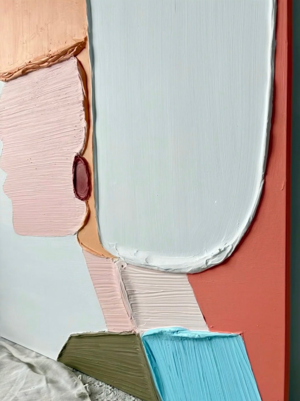 Hand-painted 3D heavy textured abstract figure painting in pink and peach by Eleanor Hayes, mid-century modern wall art for bedroom decor.