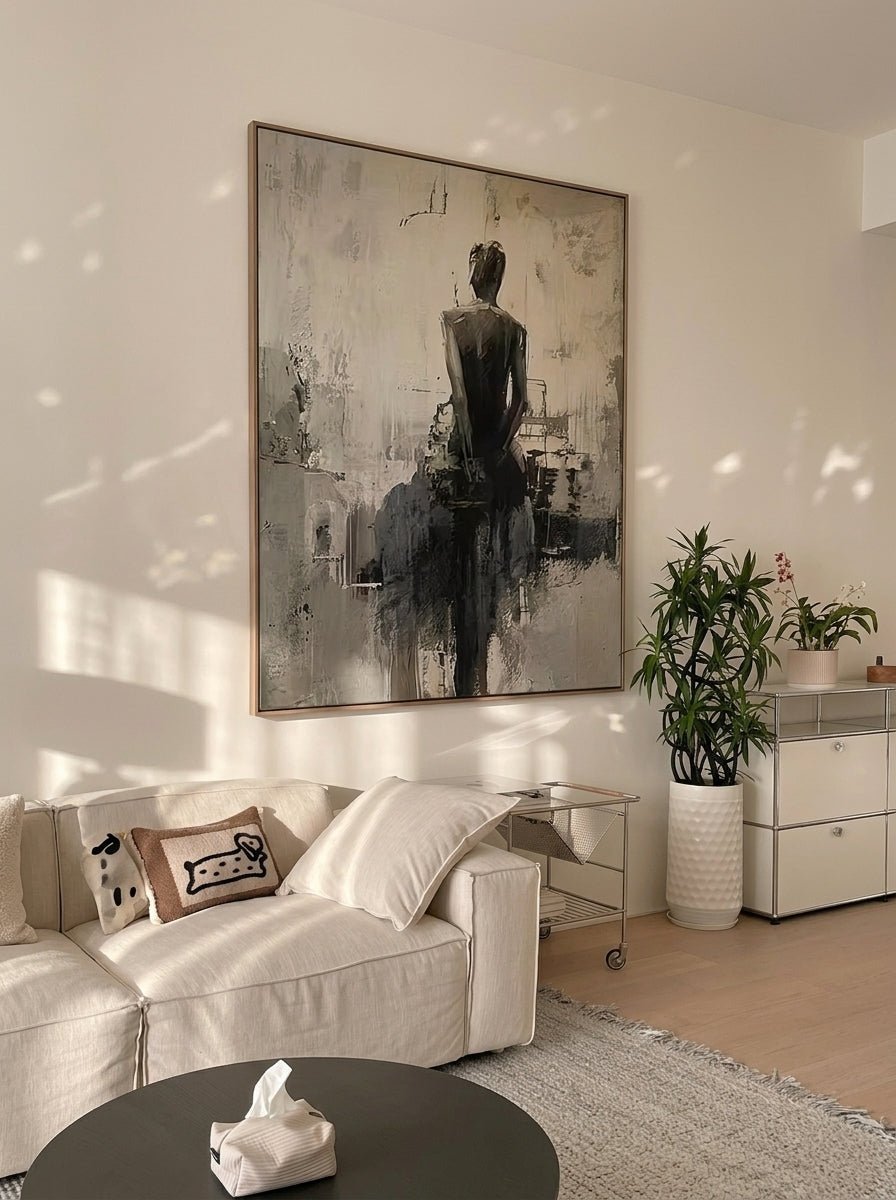 Heavy texture hand-painted abstract ballerina canvas painting in warm gray, cream, and charcoal black by Eleanor Hayes for organic modernist wall decor.