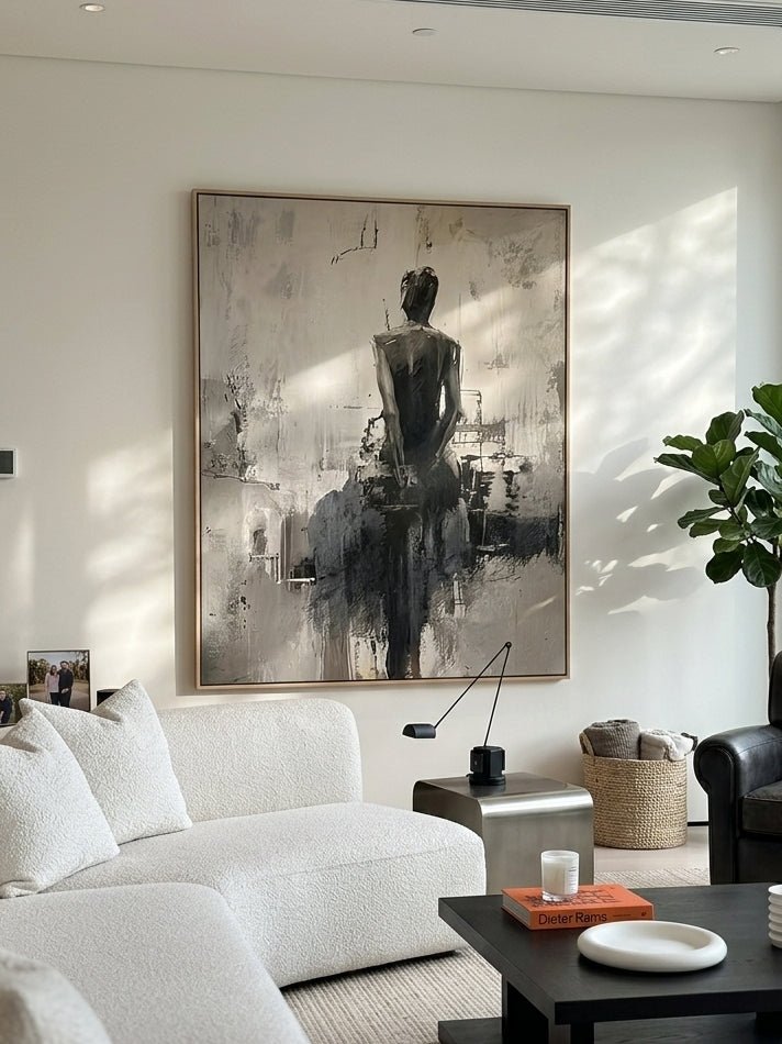 Heavy texture hand-painted abstract ballerina canvas painting in warm gray, cream, and charcoal black by Eleanor Hayes for organic modernist wall decor.