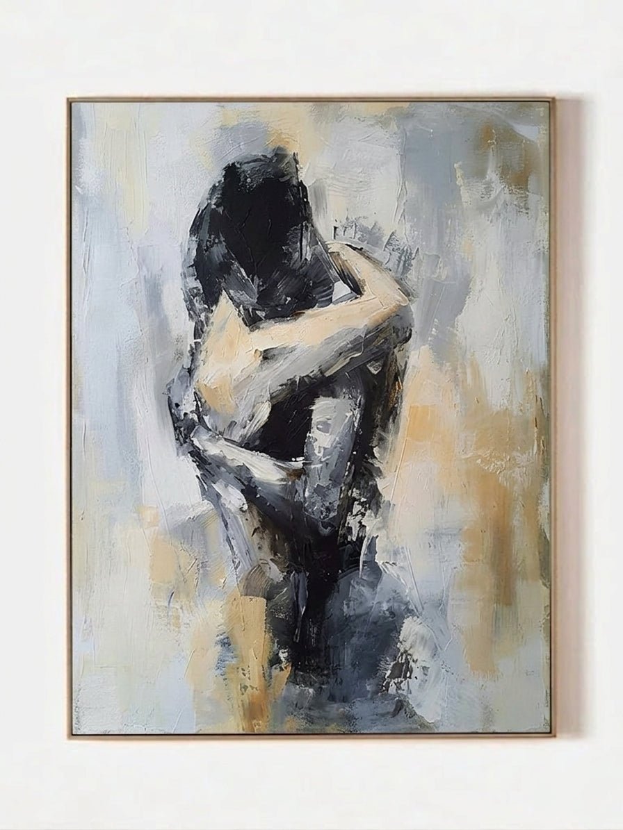 Hand-painted abstract figurative painting of an embracing couple in neutral beige, gray, and black tones with expressive textured brushstrokes for modern bedroom wall decor.