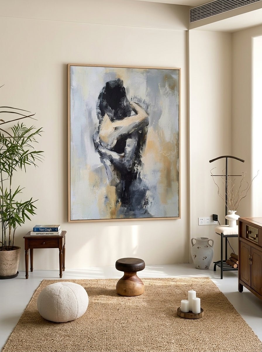 Hand-painted abstract figurative painting of an embracing couple in neutral beige, gray, and black tones with expressive textured brushstrokes for modern bedroom wall decor.