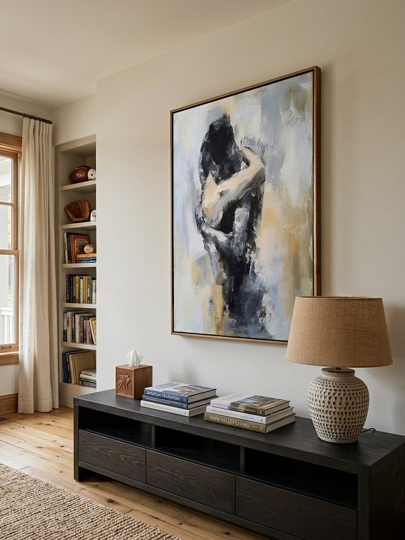 Hand-painted abstract figurative painting of an embracing couple in neutral beige, gray, and black tones with expressive textured brushstrokes for modern bedroom wall decor.