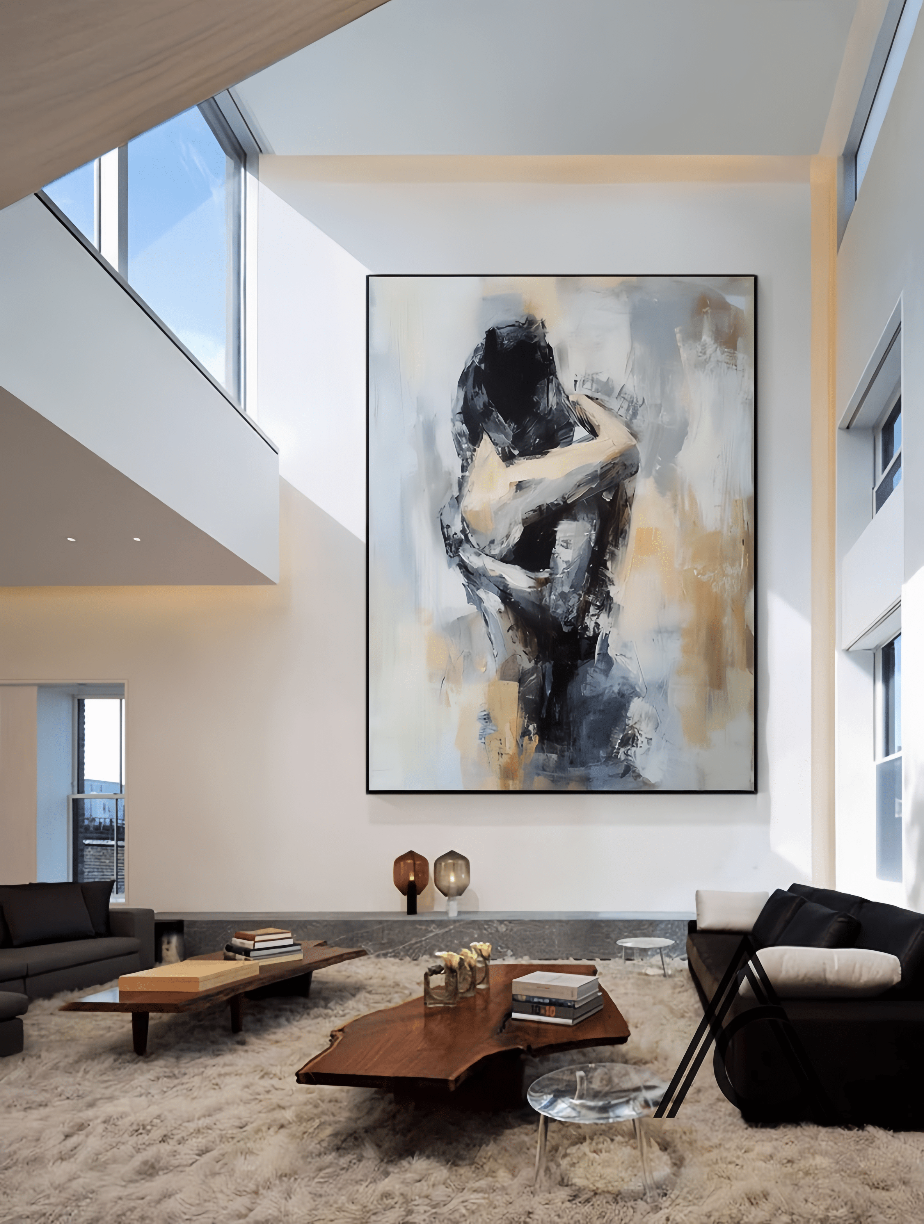 Hand-painted abstract figurative painting of an embracing couple in neutral beige, gray, and black tones with expressive textured brushstrokes for modern bedroom wall decor.