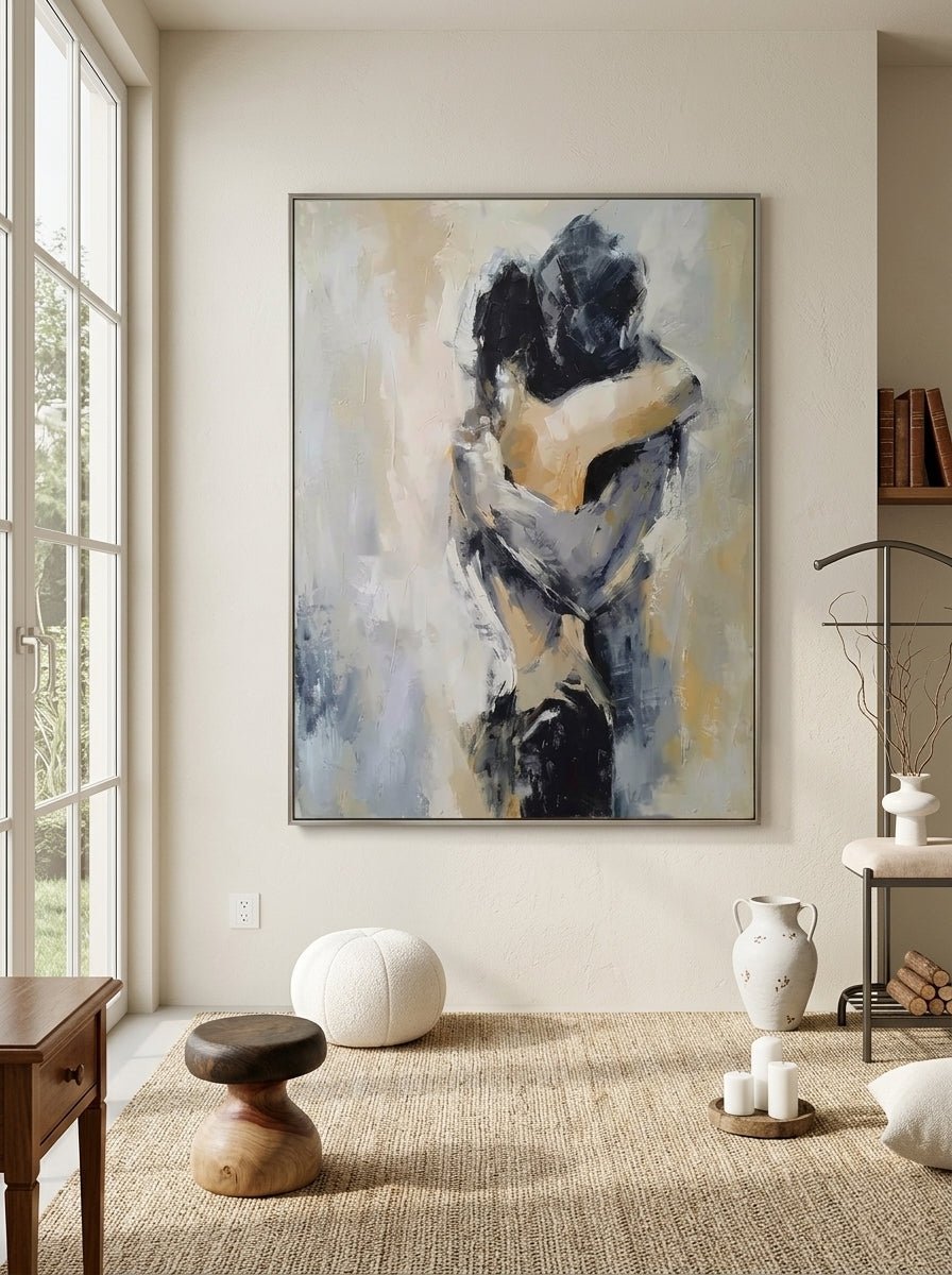Hand painted contemporary abstract couple wall art with emotional figurative brushwork and neutral tones for modern bedroom decor