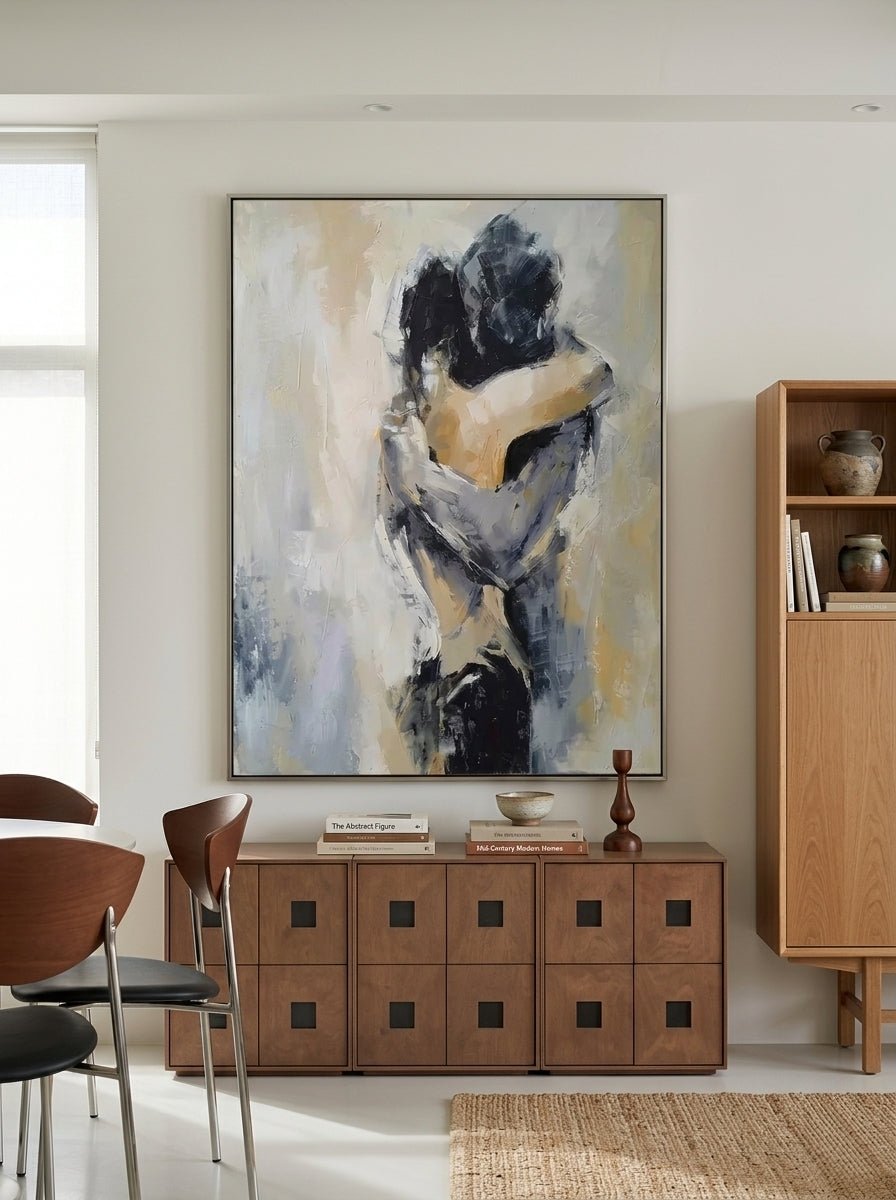 Hand painted contemporary abstract couple wall art with emotional figurative brushwork and neutral tones for modern bedroom decor