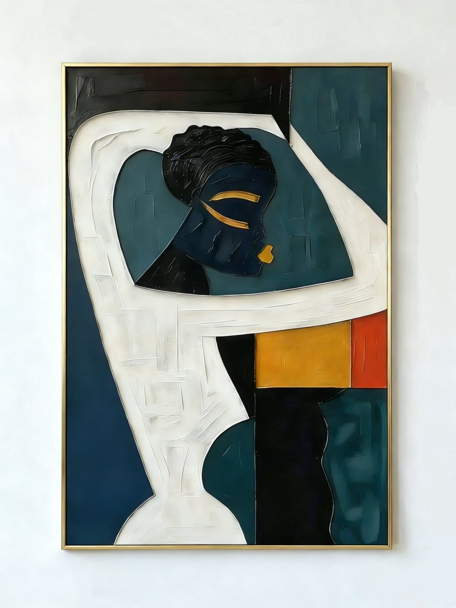 Large vertical hand-painted abstract portrait of an African woman with geometric shapes in indigo