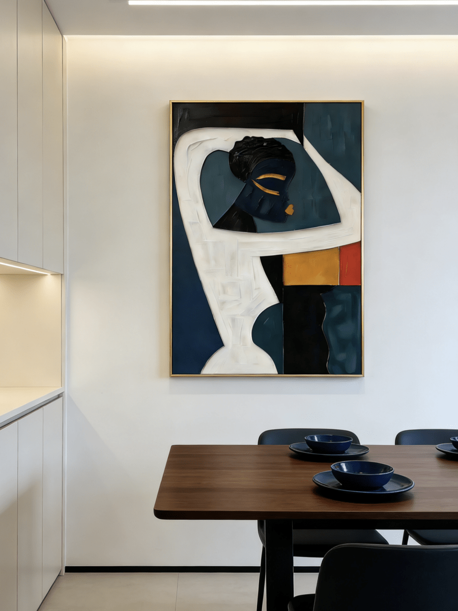 Large vertical hand-painted abstract portrait of an African woman with geometric shapes in indigo