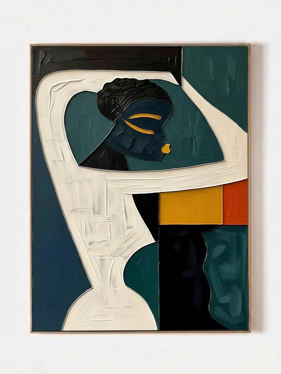 Large vertical hand-painted abstract portrait of an African woman with geometric shapes in indigo