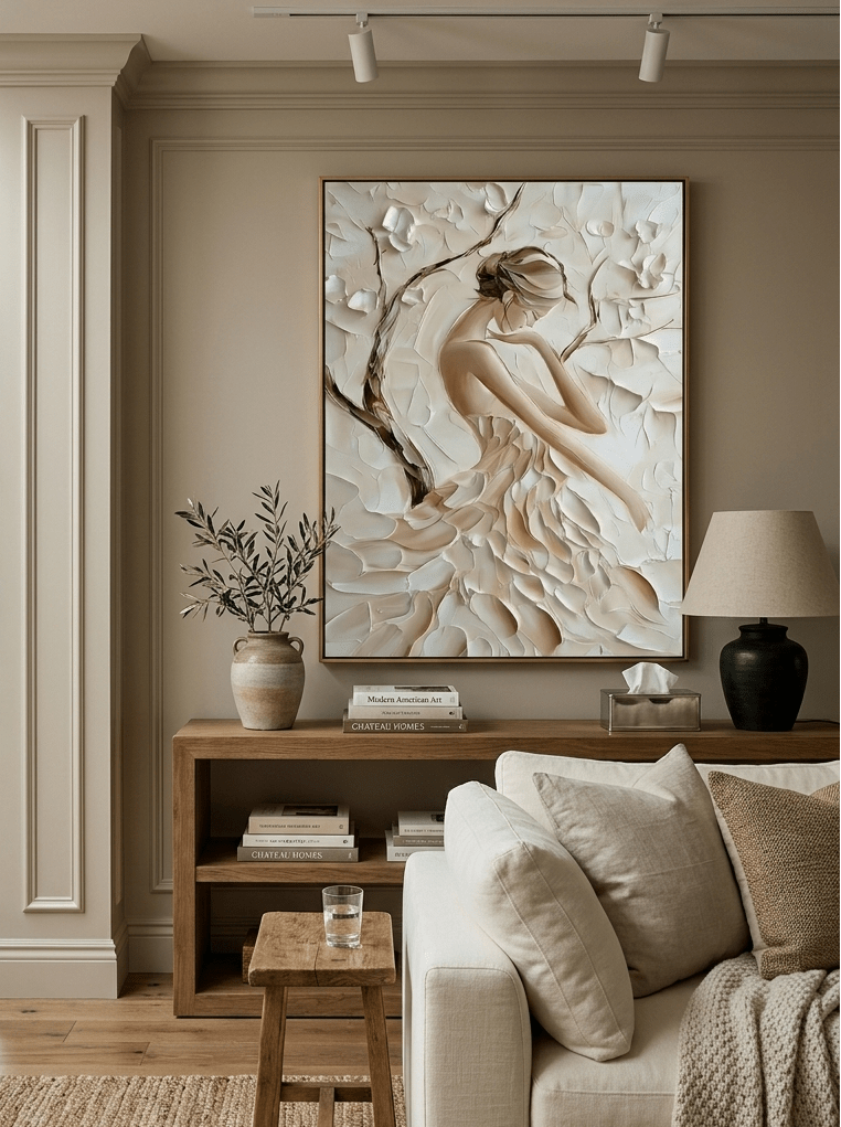 Large 3D textured abstract female portrait painting in beige and cream tones by Eleanor Hayes for bedroom decor.