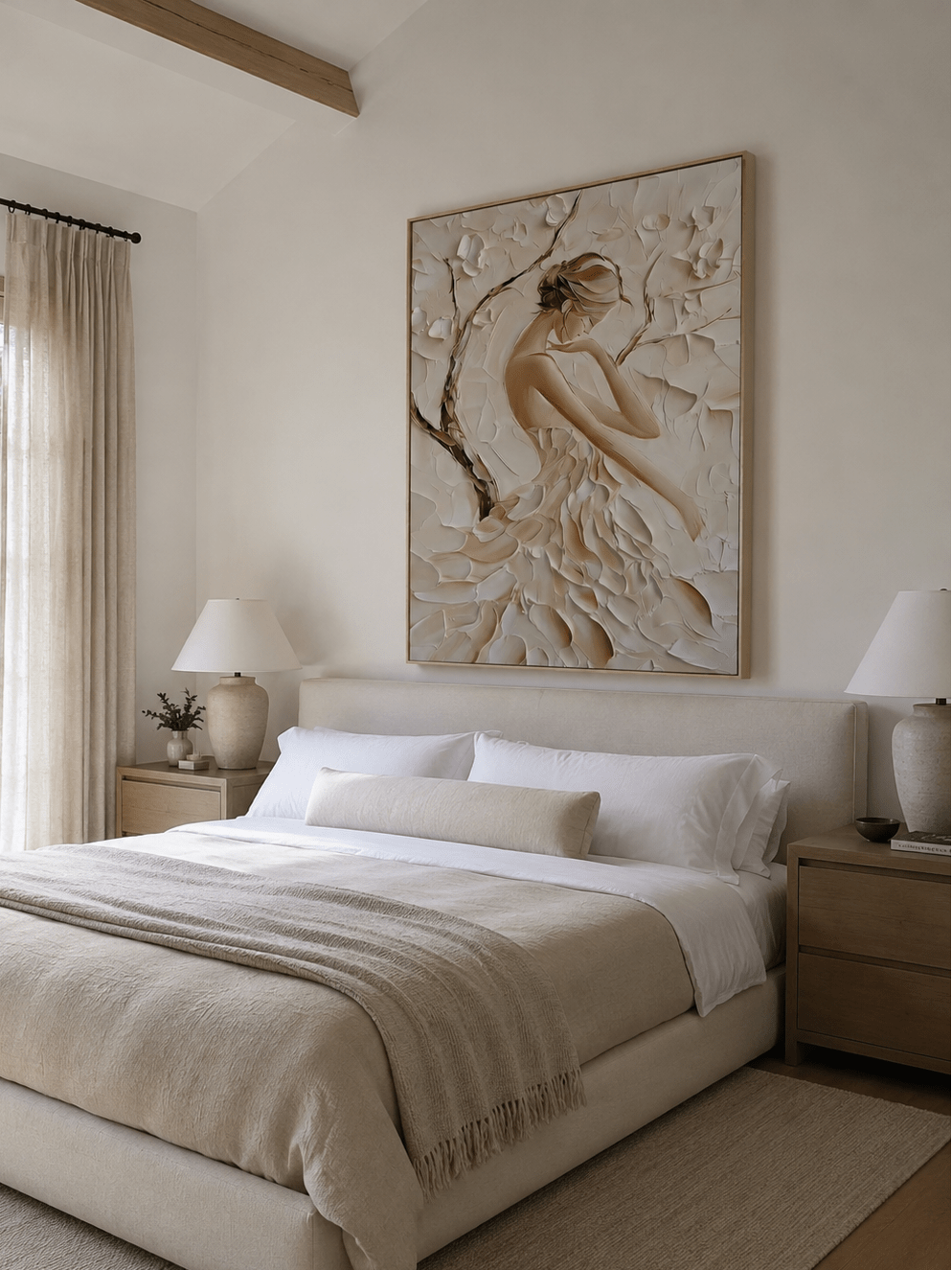 Large 3D textured abstract female portrait painting in beige and cream tones by Eleanor Hayes for bedroom decor.