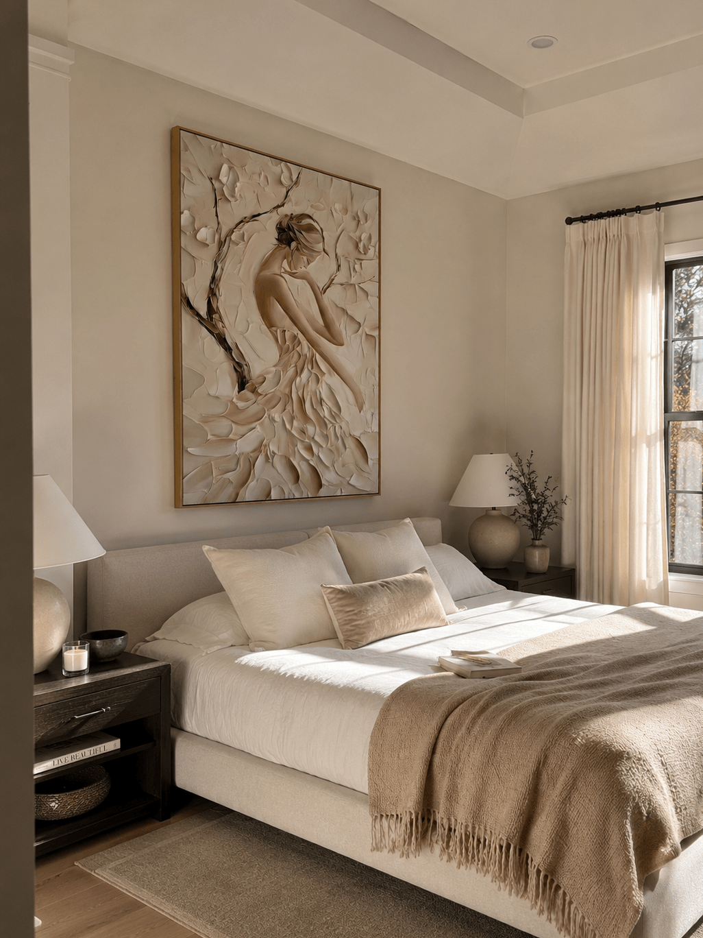 Large 3D textured abstract female portrait painting in beige and cream tones by Eleanor Hayes for bedroom decor.