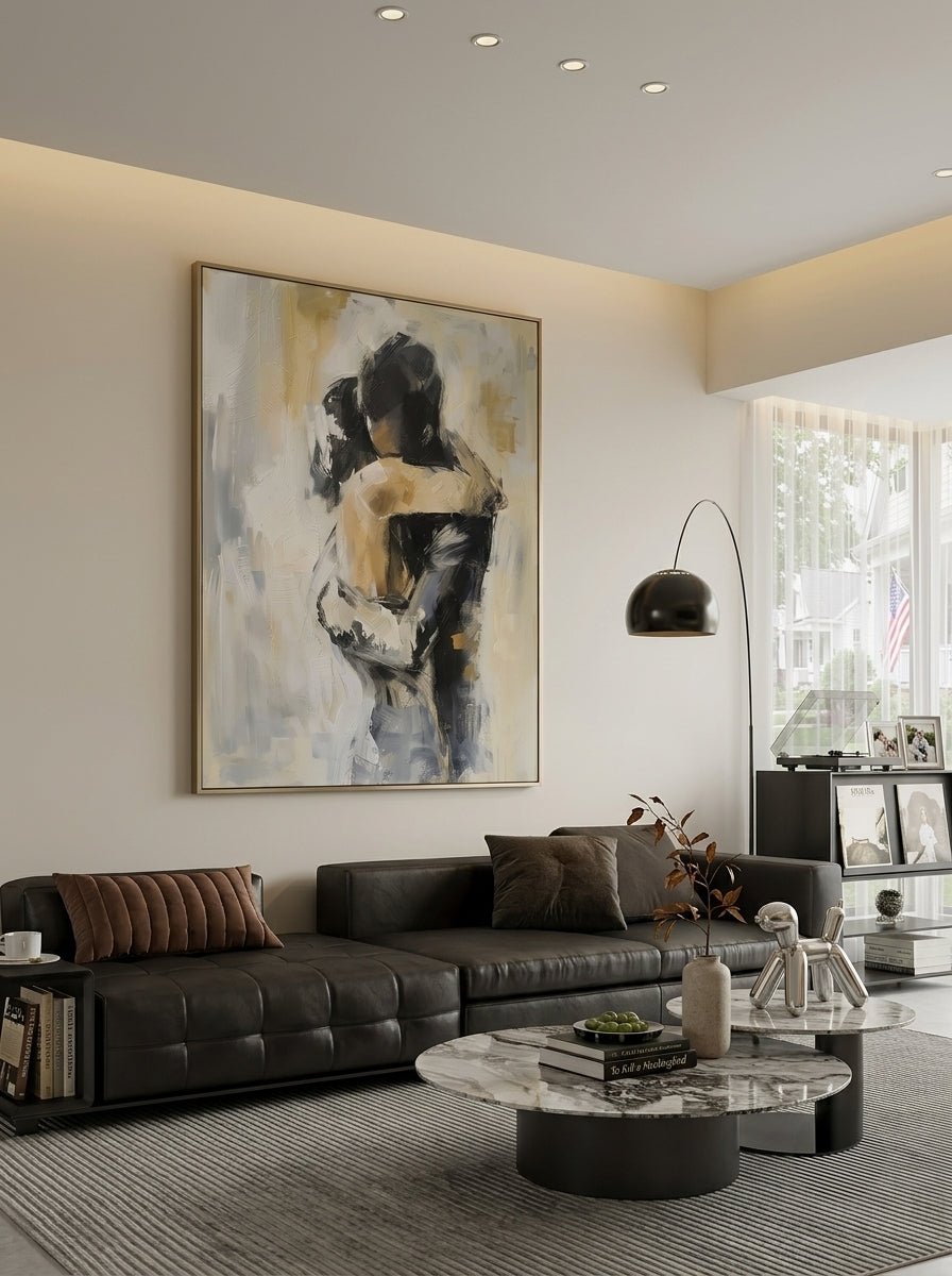 Hand-painted abstract romantic couple painting featuring two embracing figures in neutral beige, gray, black, and ivory tones with textured contemporary brushstrokes on canvas.